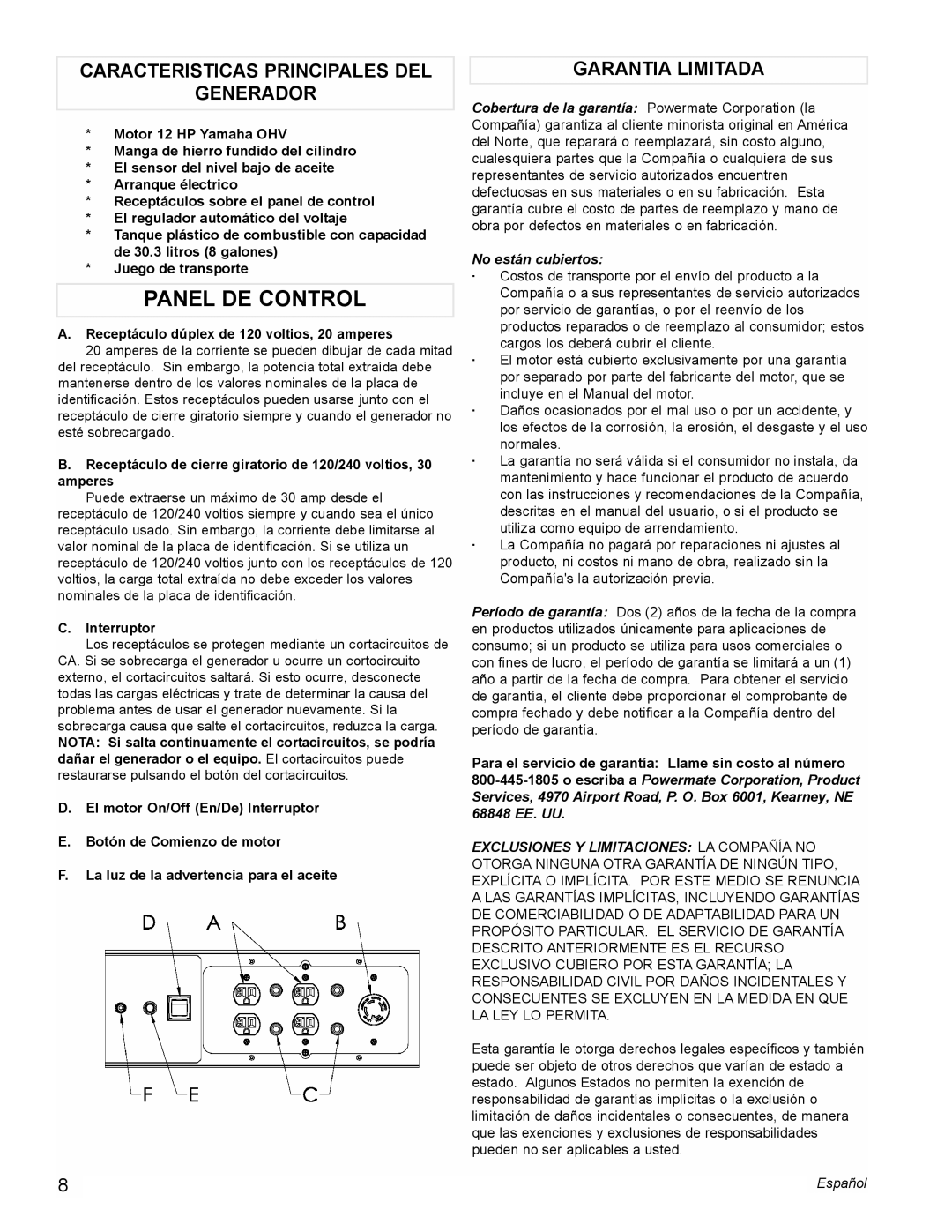 Powermate PM0676800 manual Panel DE Control, Caracteristicas Principales DEL Generador, Garantia Limitada, Interruptor 