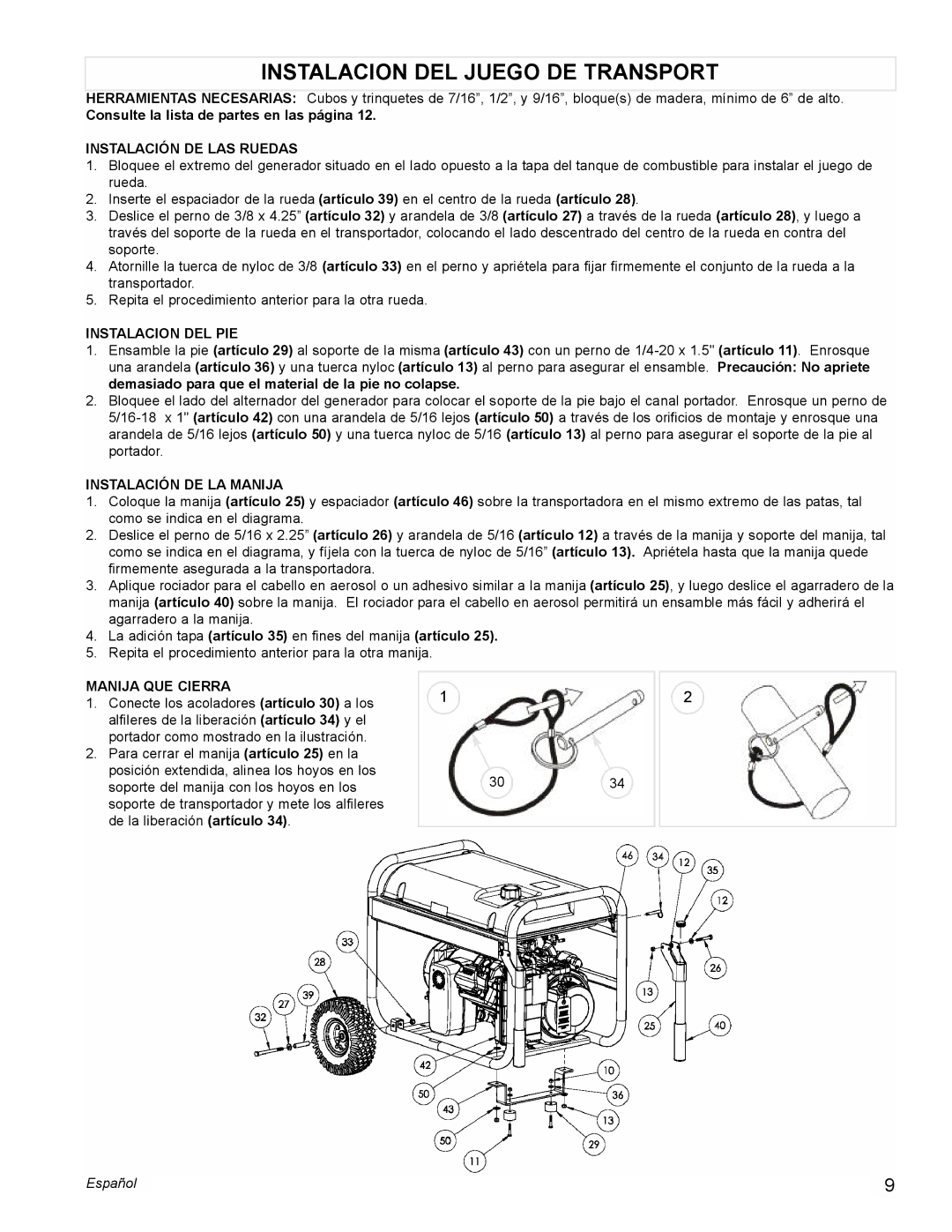 Powermate PM0676800 Instalacion DEL Juego DE Transport, Instalación DE LAS Ruedas, Instalacion DEL PIE, Manija QUE Cierra 