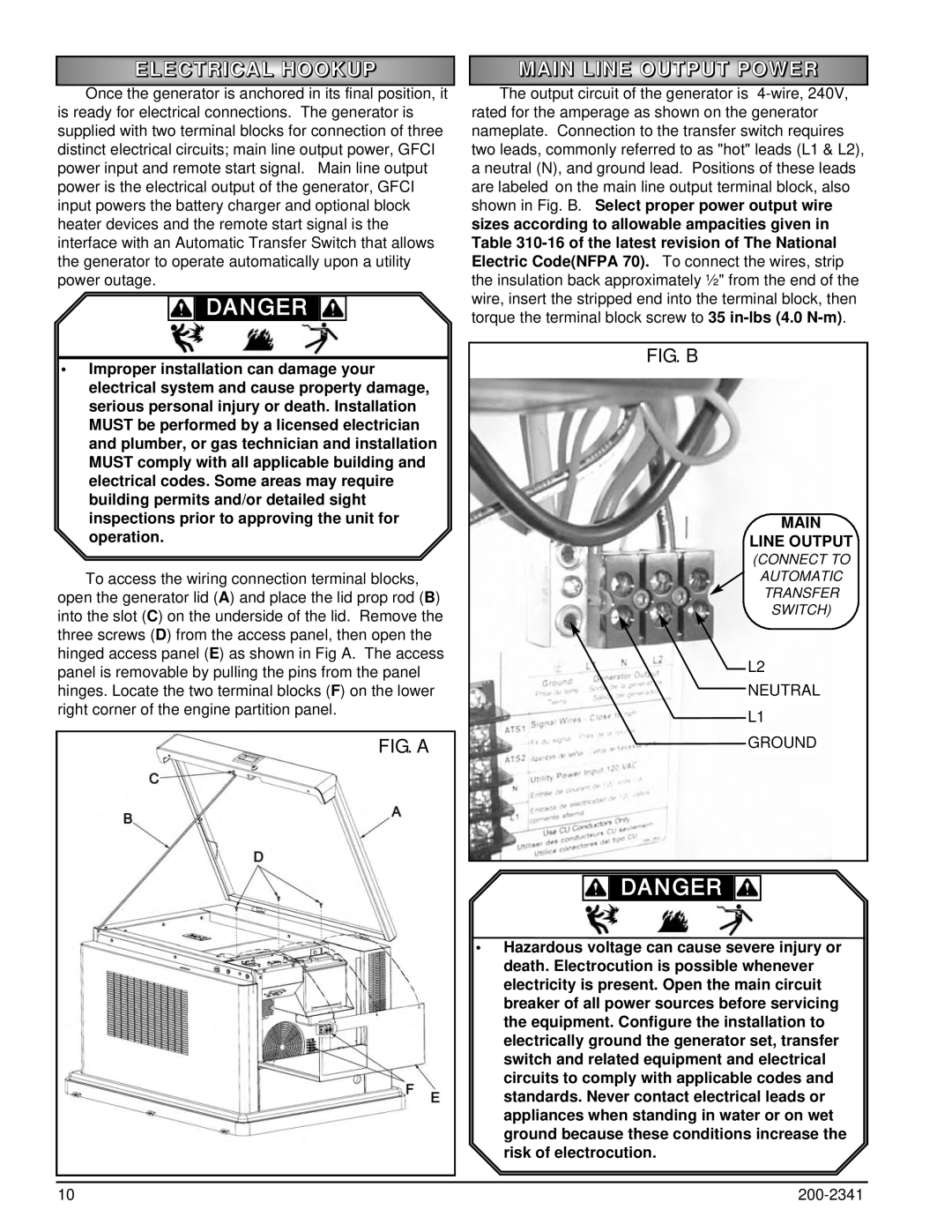 Powermate PM400911 owner manual Danger, Electrical Hookup, Main Line Output Power, Fig. A, Fig. B 