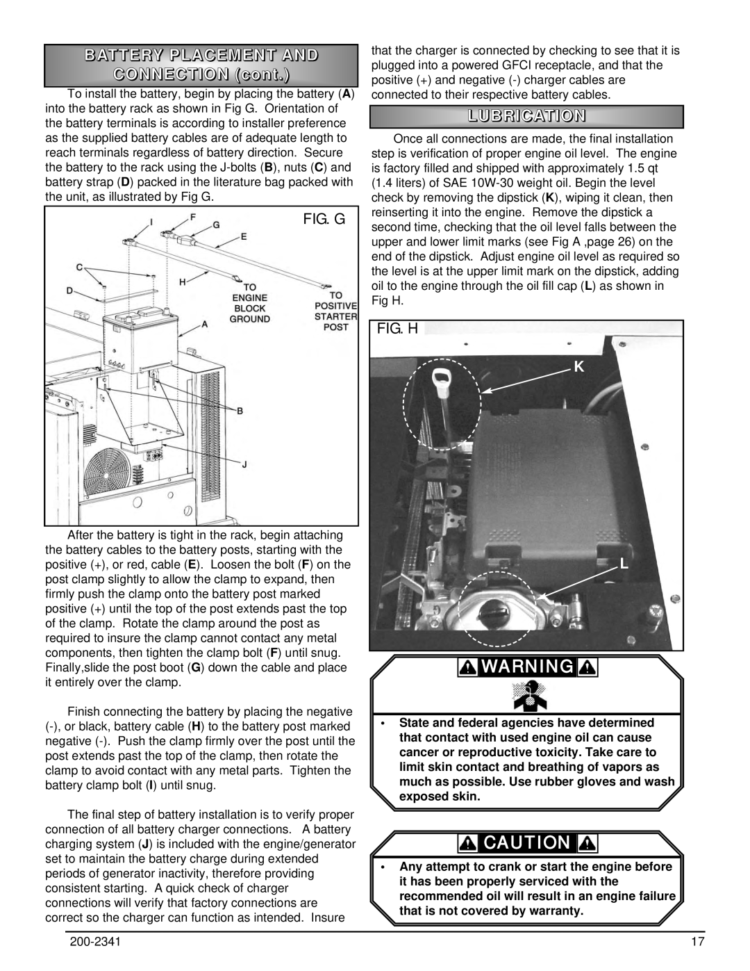 Powermate PM400911 owner manual Battery Placement And, CONNECTION cont, Lubrication 