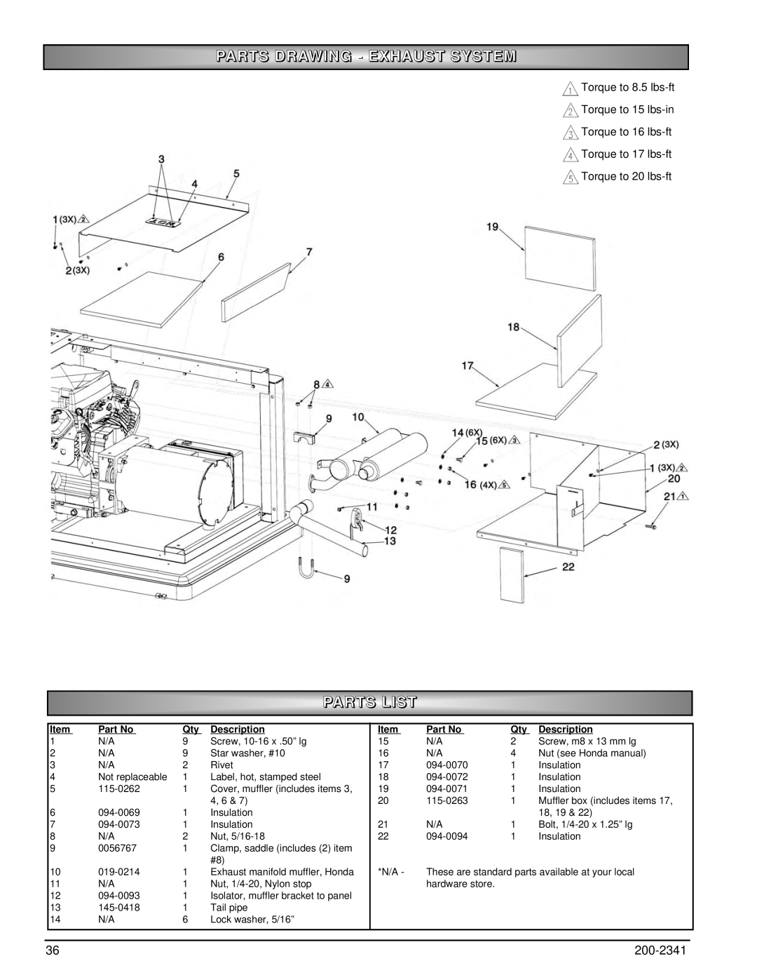 Powermate PM400911 owner manual Parts Drawing - Exhaust System, Parts List, Description 