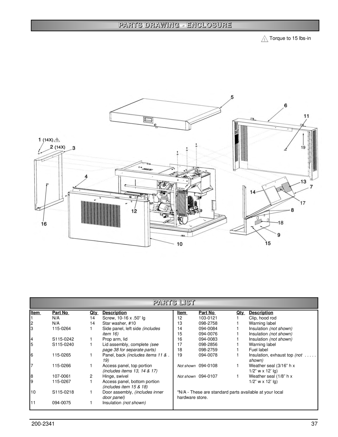 Powermate PM400911 Parts Drawing - Enclosure, Parts List, Description, page 38 for separate parts, shown, includes items 
