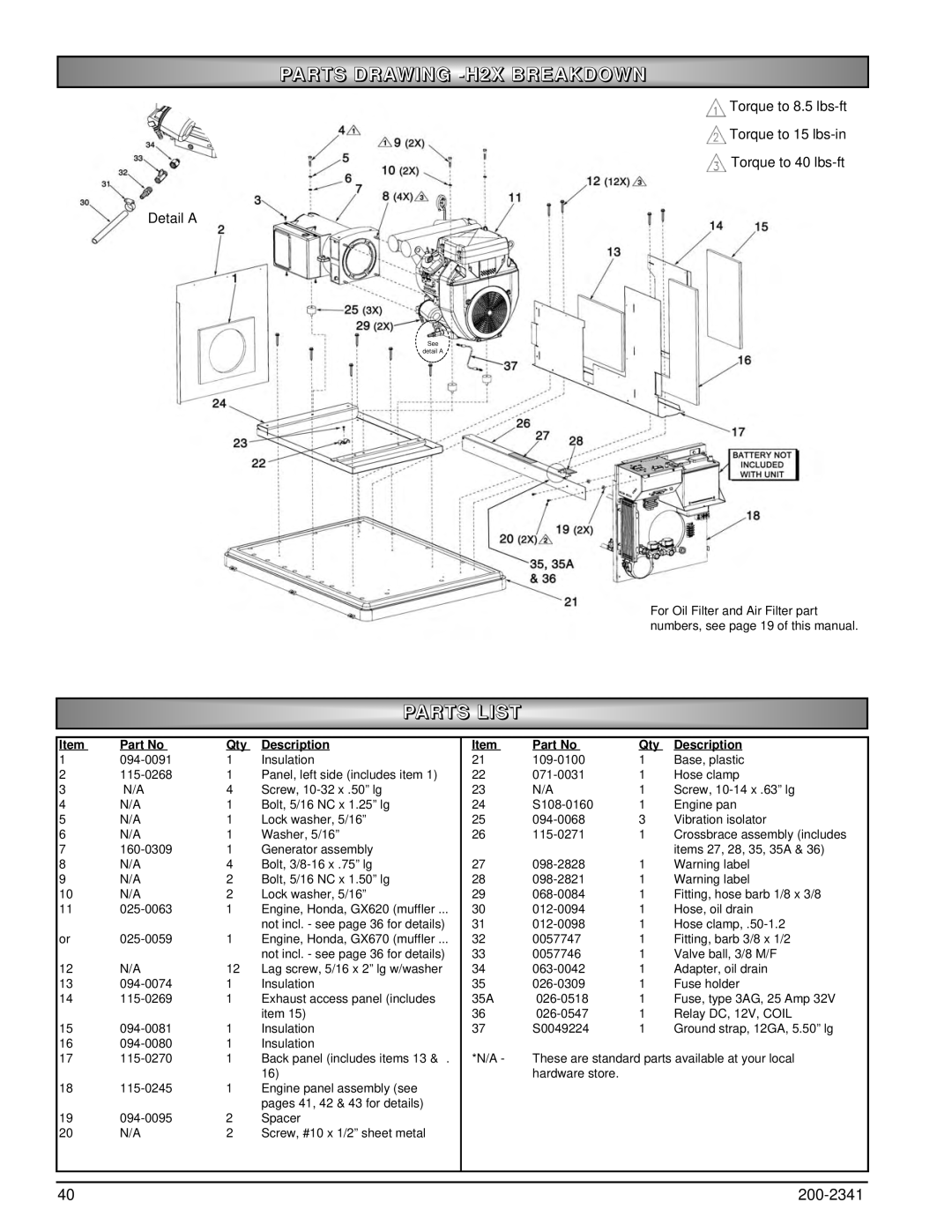 Powermate PM400911 owner manual PARTS DRAWING -H2XBREAKDOWN, Parts List, Description 