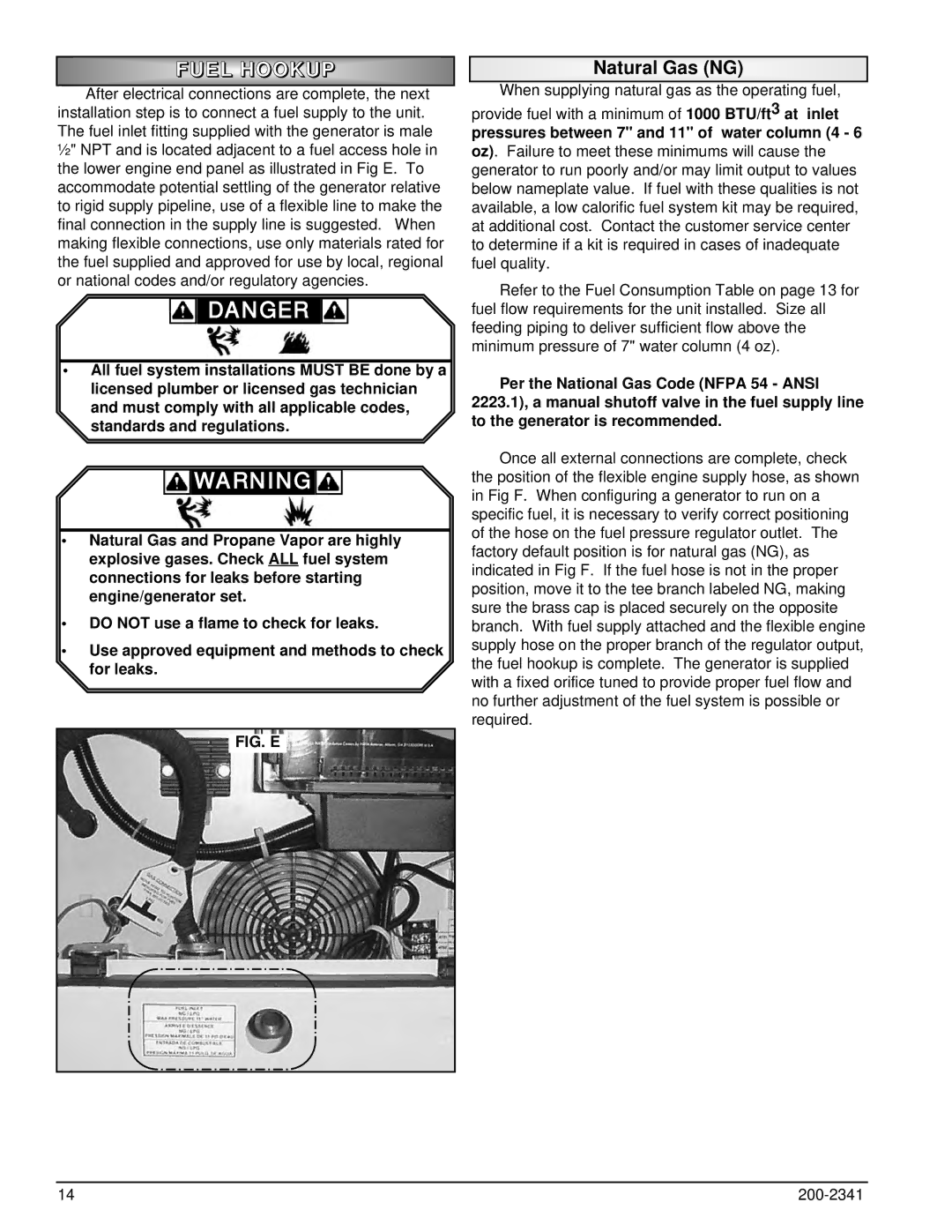 Powermate PM400911 owner manual Fuel Hookup, Natural Gas NG 