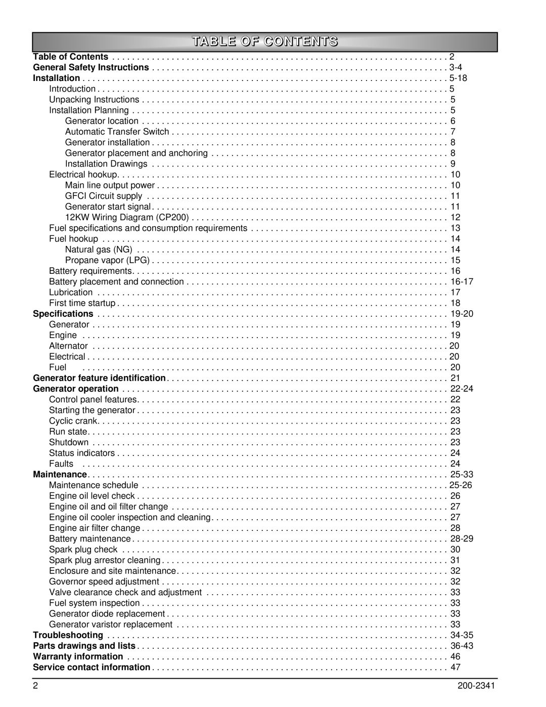 Powermate PM400911 owner manual Table of Contents 