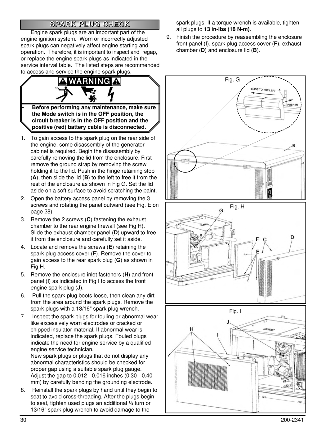 Powermate PM400911 owner manual Spark Plug Check, Fig. G 