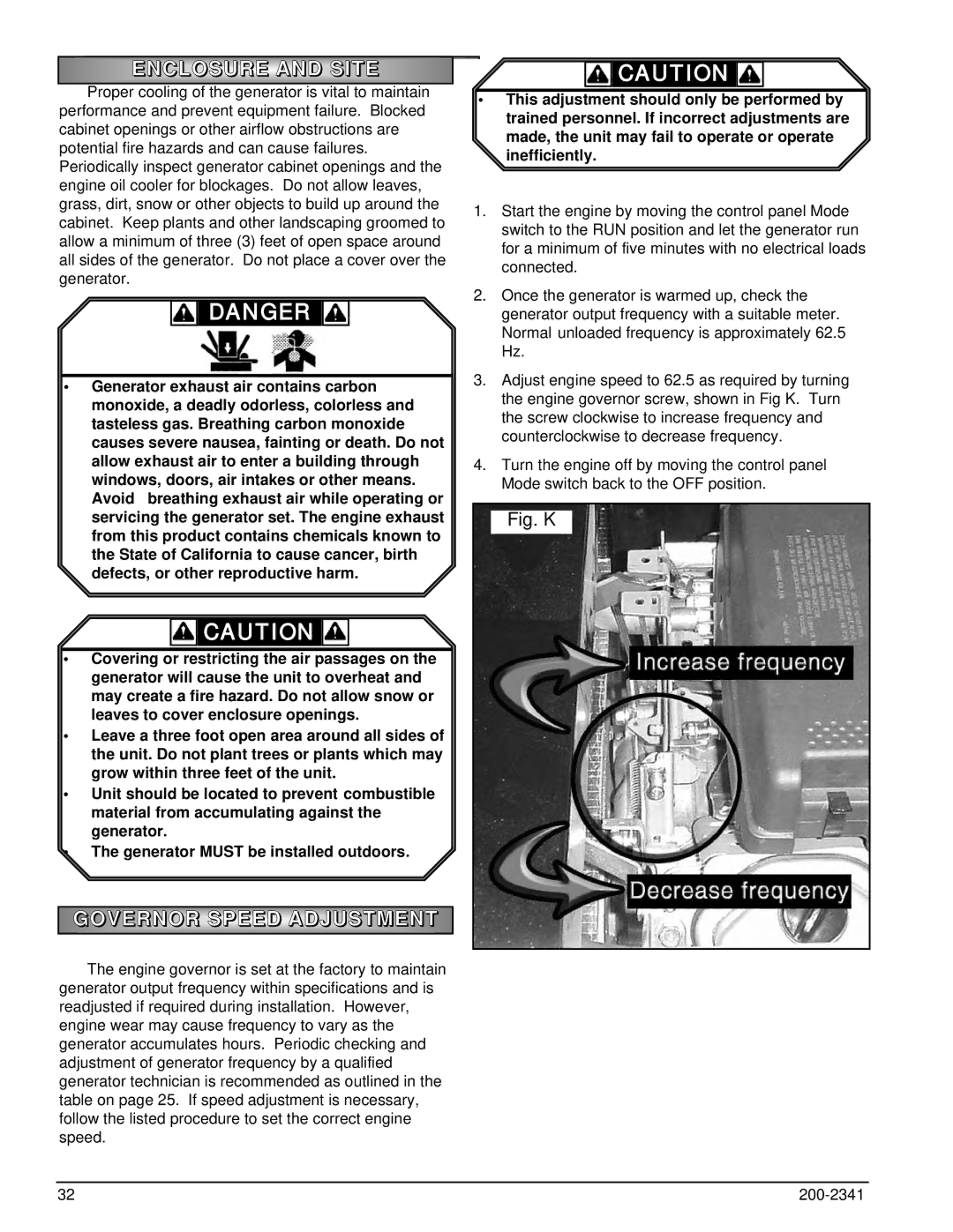 Powermate PM400911 owner manual Enclosure and Site, Governor Speed Adjustment 