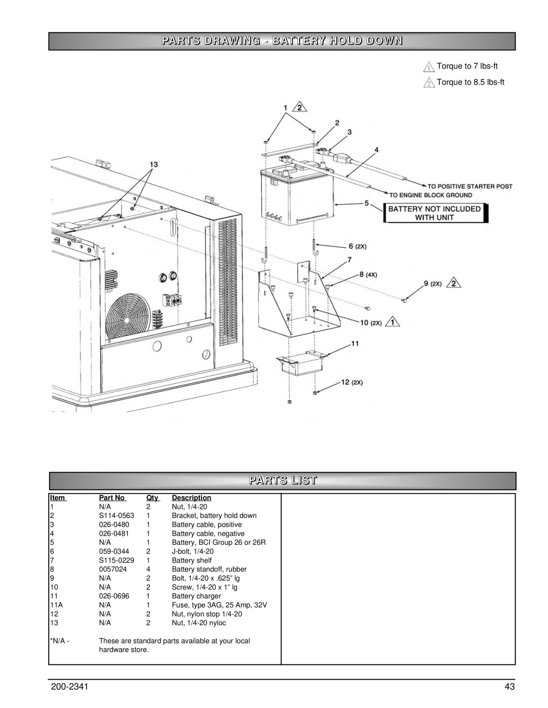 Powermate PM400911 owner manual Parts Drawing Battery Hold Down 