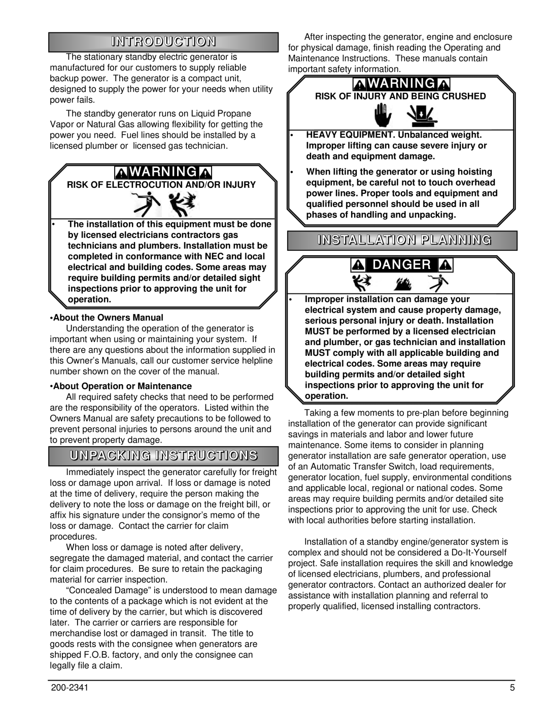 Powermate PM400911 owner manual Introductio N, Unpacking Instruction S, Installation Plannin G 