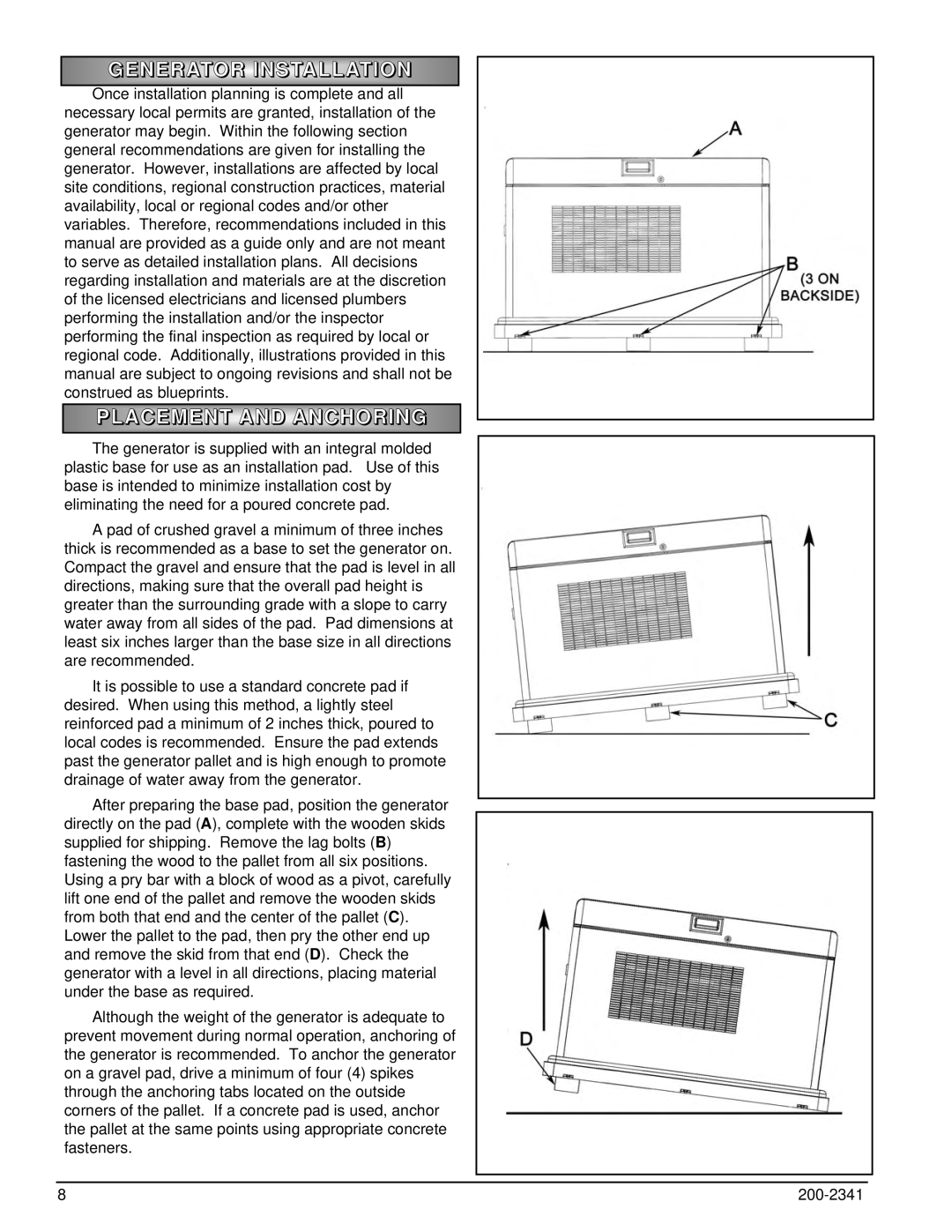 Powermate PM400911 owner manual Generator Installation, Placement and Anchoring 