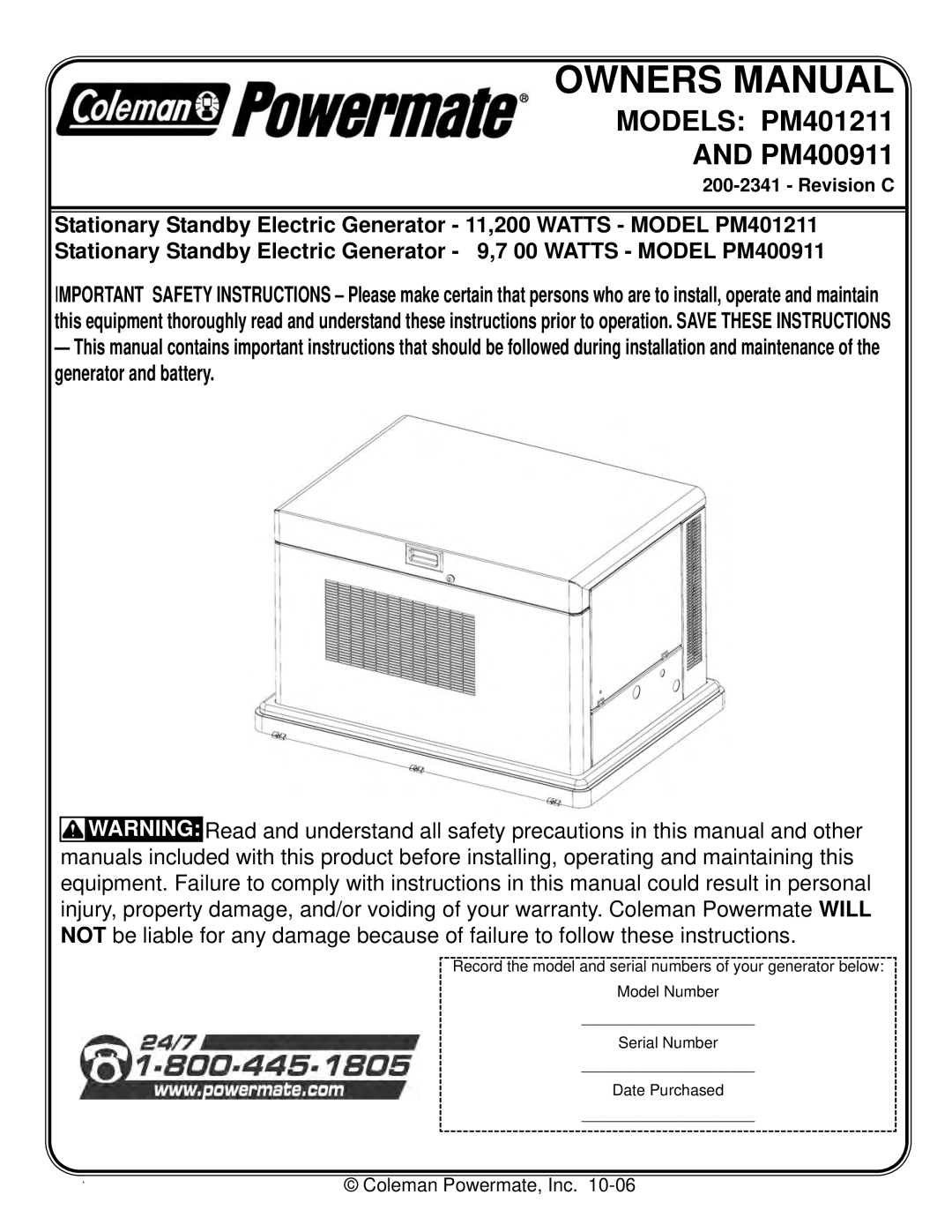 Powermate owner manual Models PM401211 PM400911 