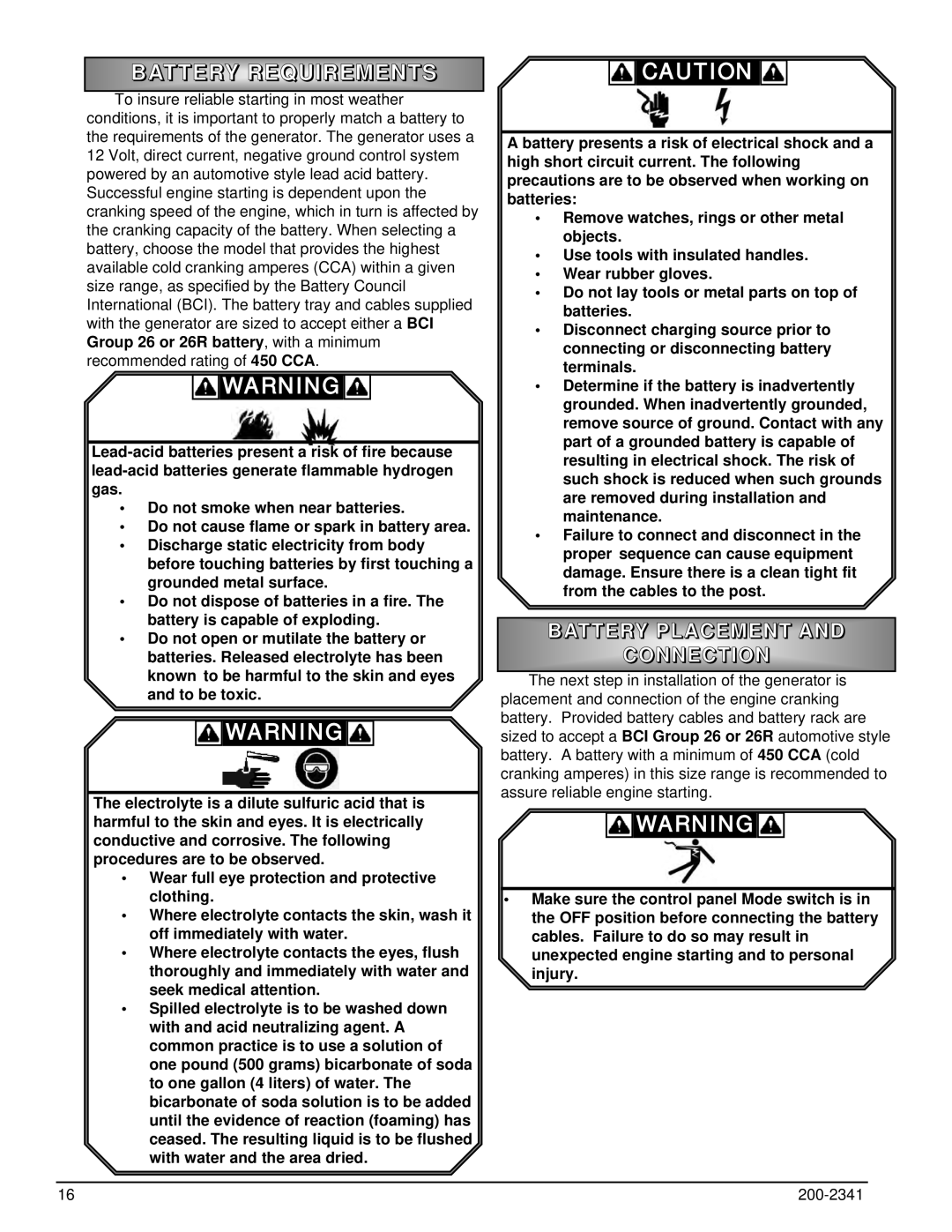 Powermate PM401211 owner manual Battery Requirement S, Battery Placement, Connection 