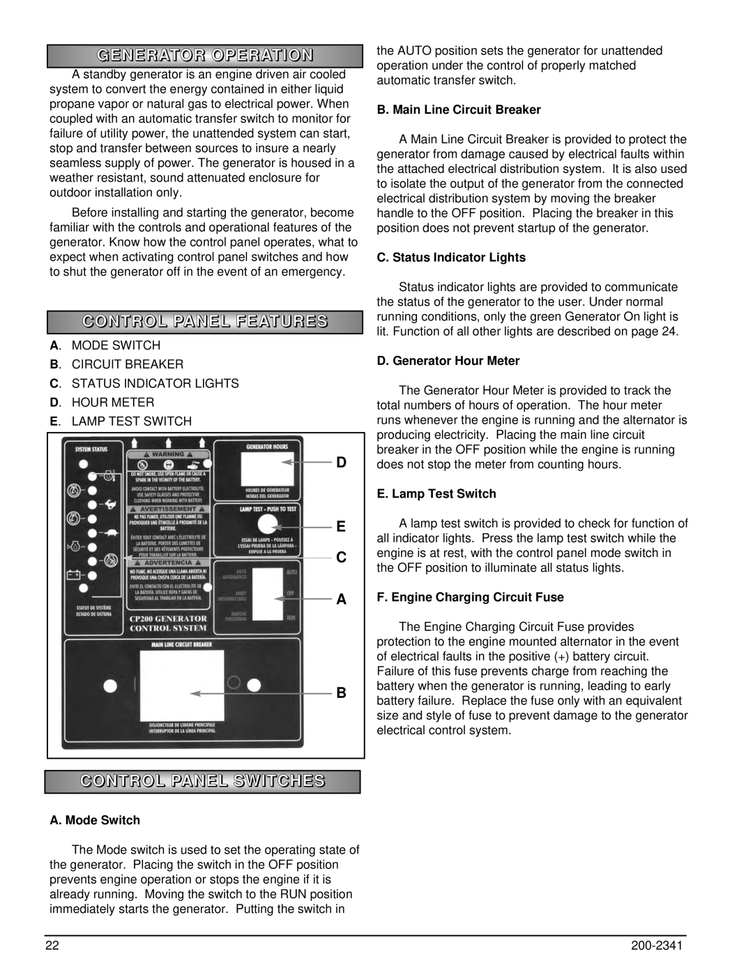 Powermate PM401211 owner manual Generator Operation, Control Panel Features, Control Panel Switches 