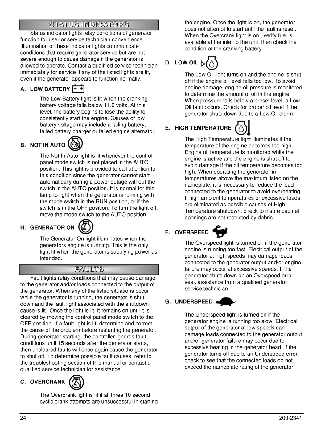 Powermate PM401211 owner manual Status Indicators, Faults 