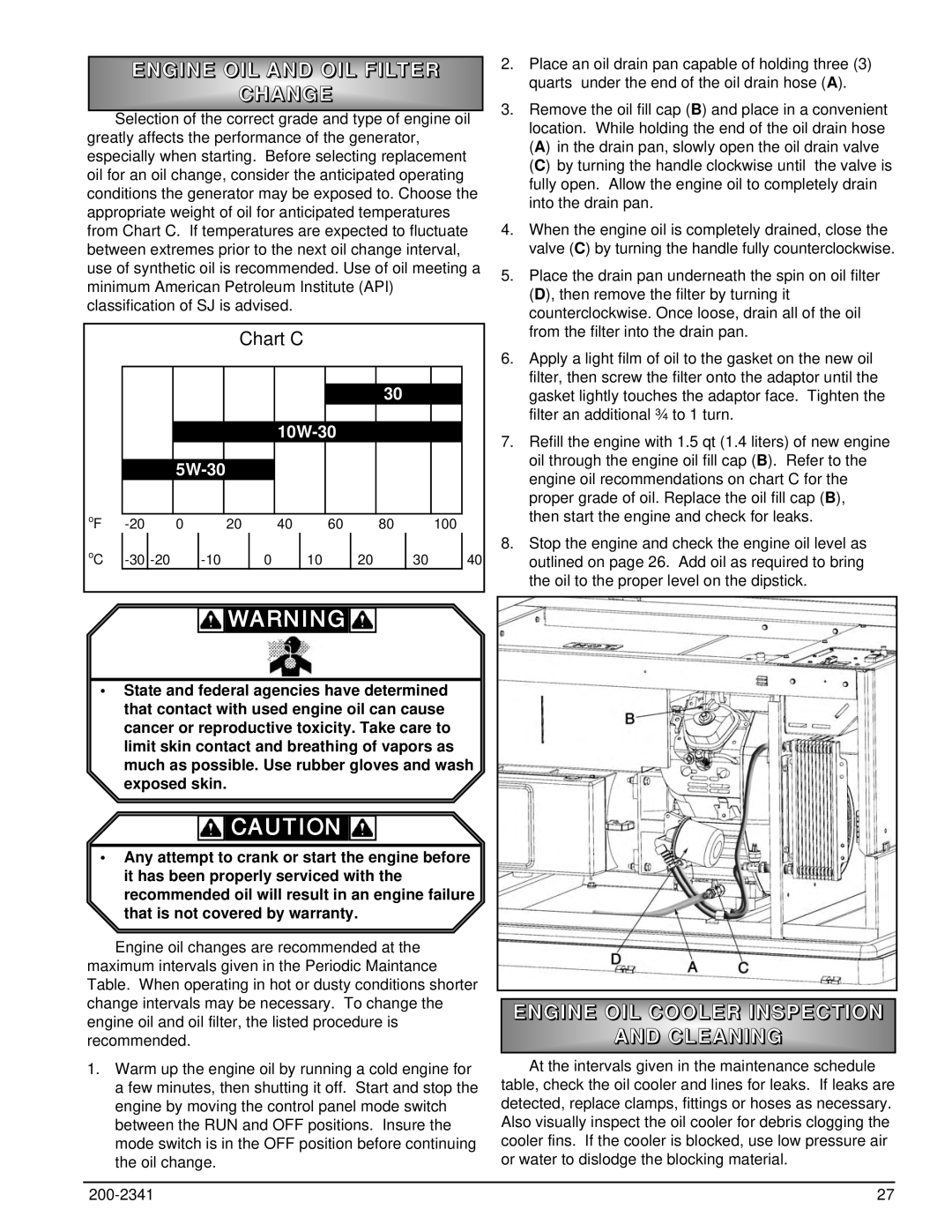 Powermate PM401211 owner manual Engine OIL and OIL Filter, Hange, Engine OIL Cooler Inspection, ND Clean ING 