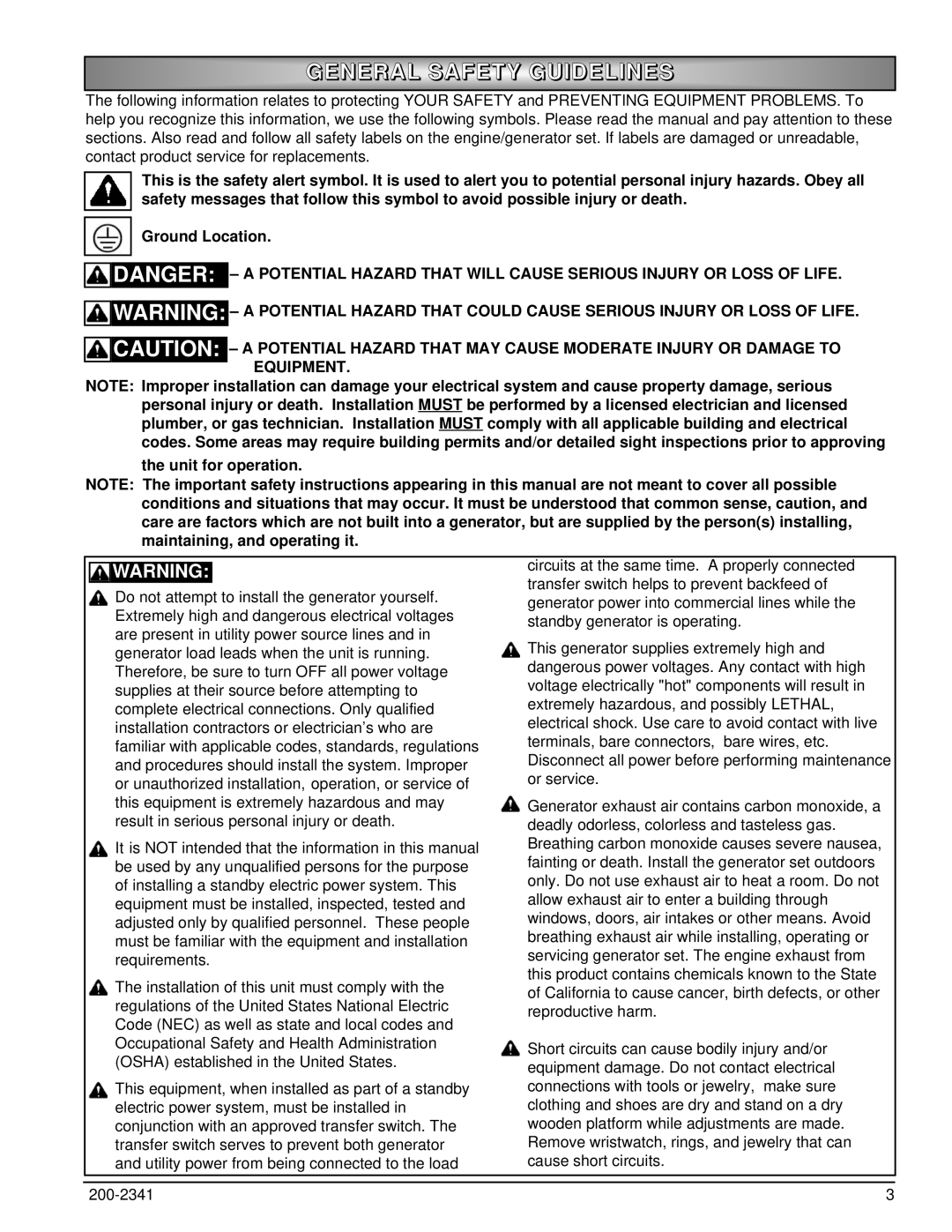 Powermate PM401211 owner manual General Safety Guidelines 