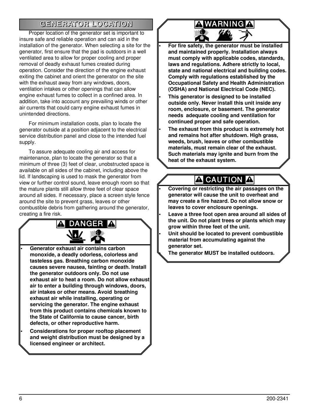 Powermate PM401211 owner manual Generator Location 