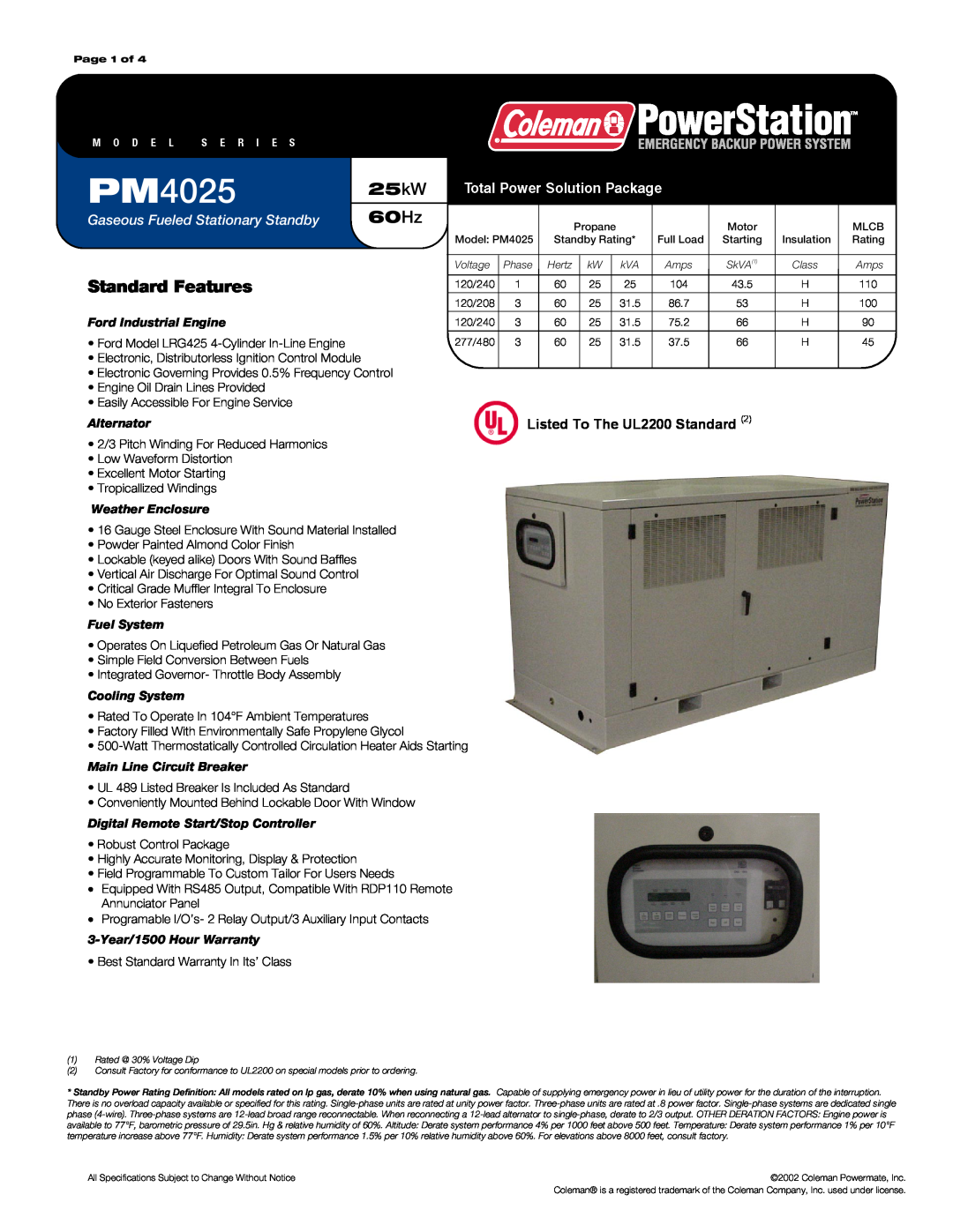 Powermate PM4025 warranty 25kW, 60Hz, Standard Features, Gaseous Fueled Stationary Standby, Ford Industrial Engine 