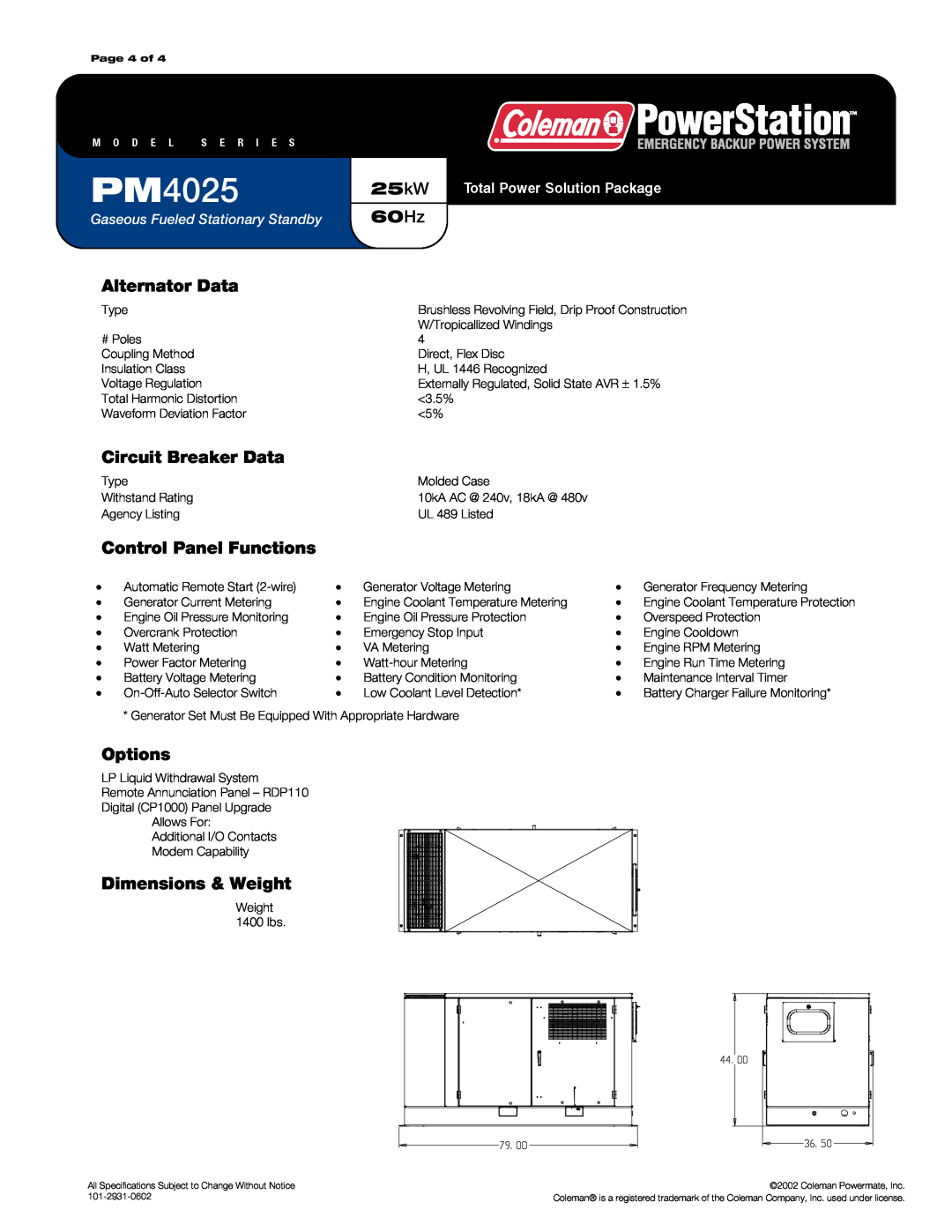 Powermate PM4025 Alternator Data, Circuit Breaker Data, Control Panel Functions, Options, Dimensions & Weight, 25kW 60Hz 