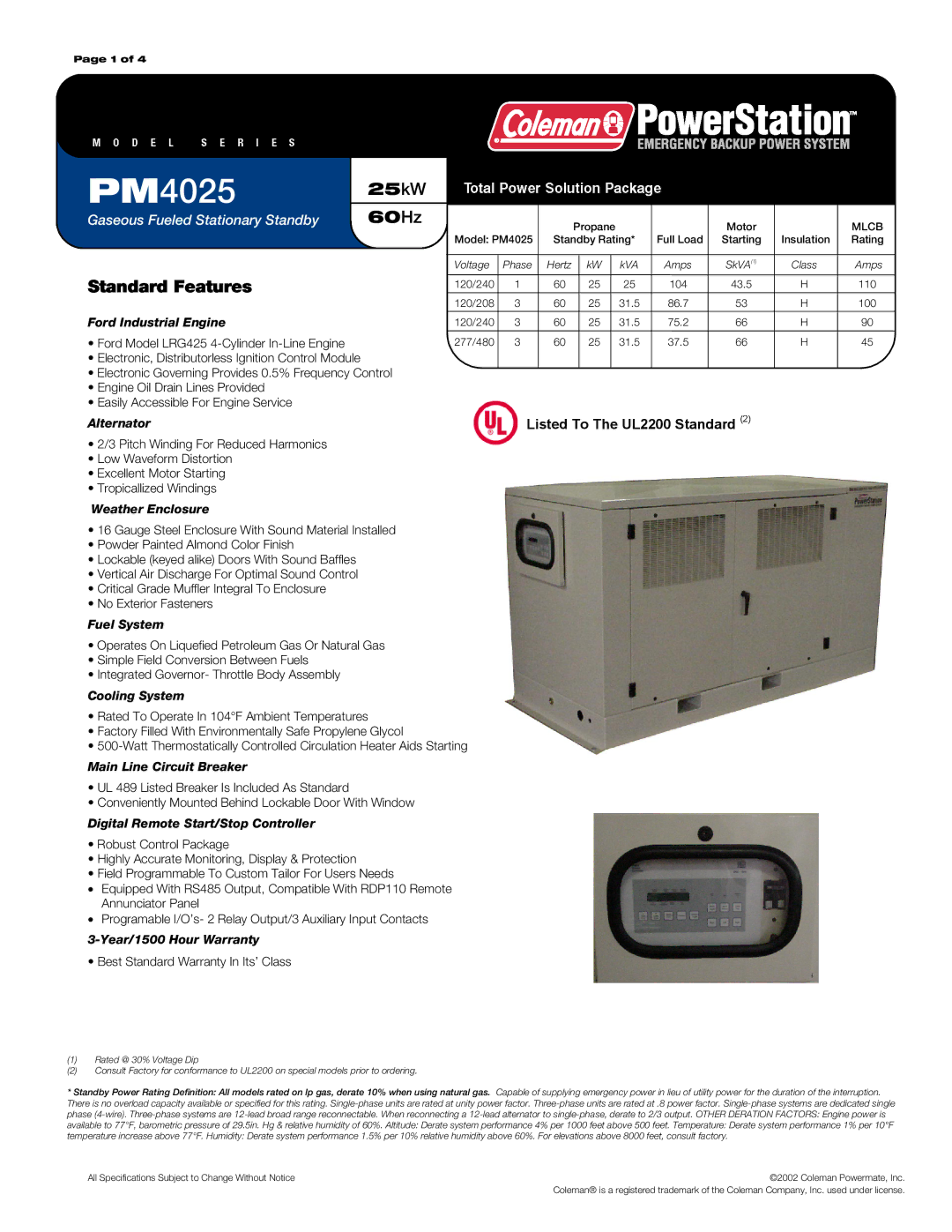 Powermate PM4025 warranty 25 kW, 60 Hz, Standard Features, Ford Model LRG425 4-Cylinder In-Line Engine 