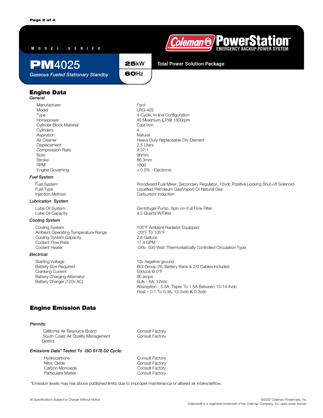 Powermate PM4025 warranty 25kW, Engine Data 