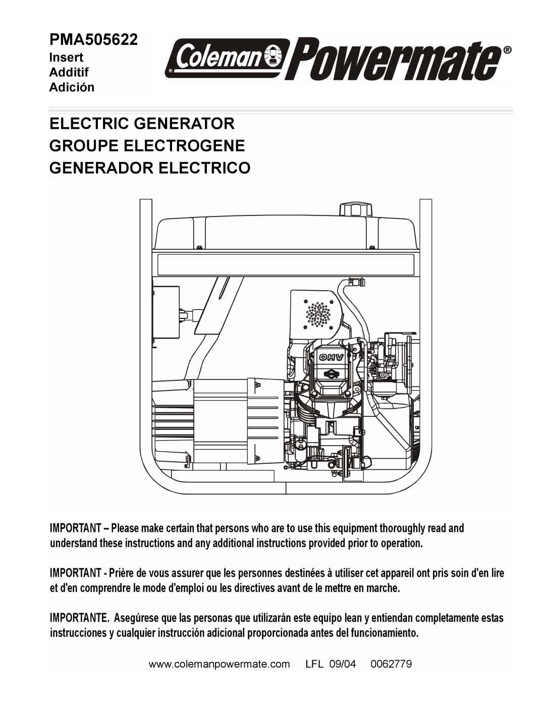 Powermate PMA505622 manual Electric Generator Groupe Electrogene Generador Electrico, Insert Additif Adición 