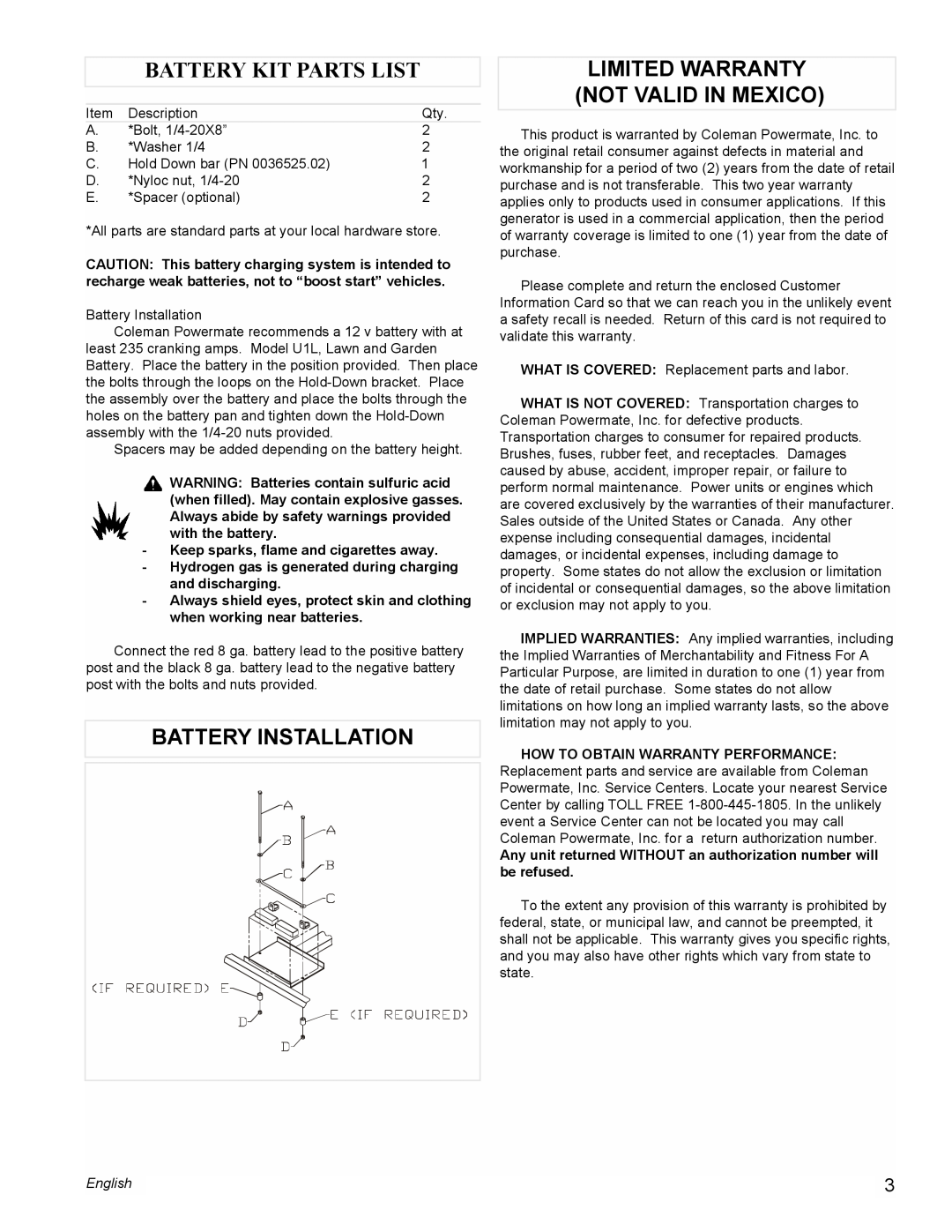 Powermate PMA505622 manual Battery Installation, Battery Kit Parts List, Limited Warranty Not Valid In Mexico, English 