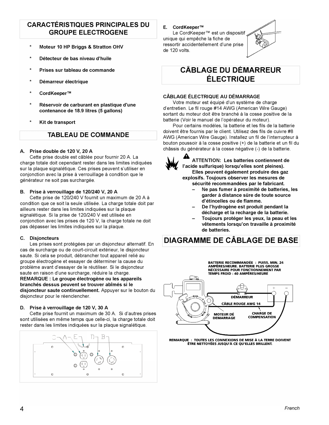 Powermate PMA505622 manual Câblage Du Démarreur Électrique, Diagramme De Câblage De Base, Tableau De Commande, French 