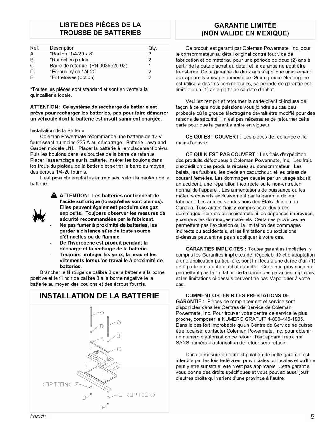 Powermate PMA505622 manual Installation De La Batterie, Liste Des Pièces De La Trousse De Batteries, French 