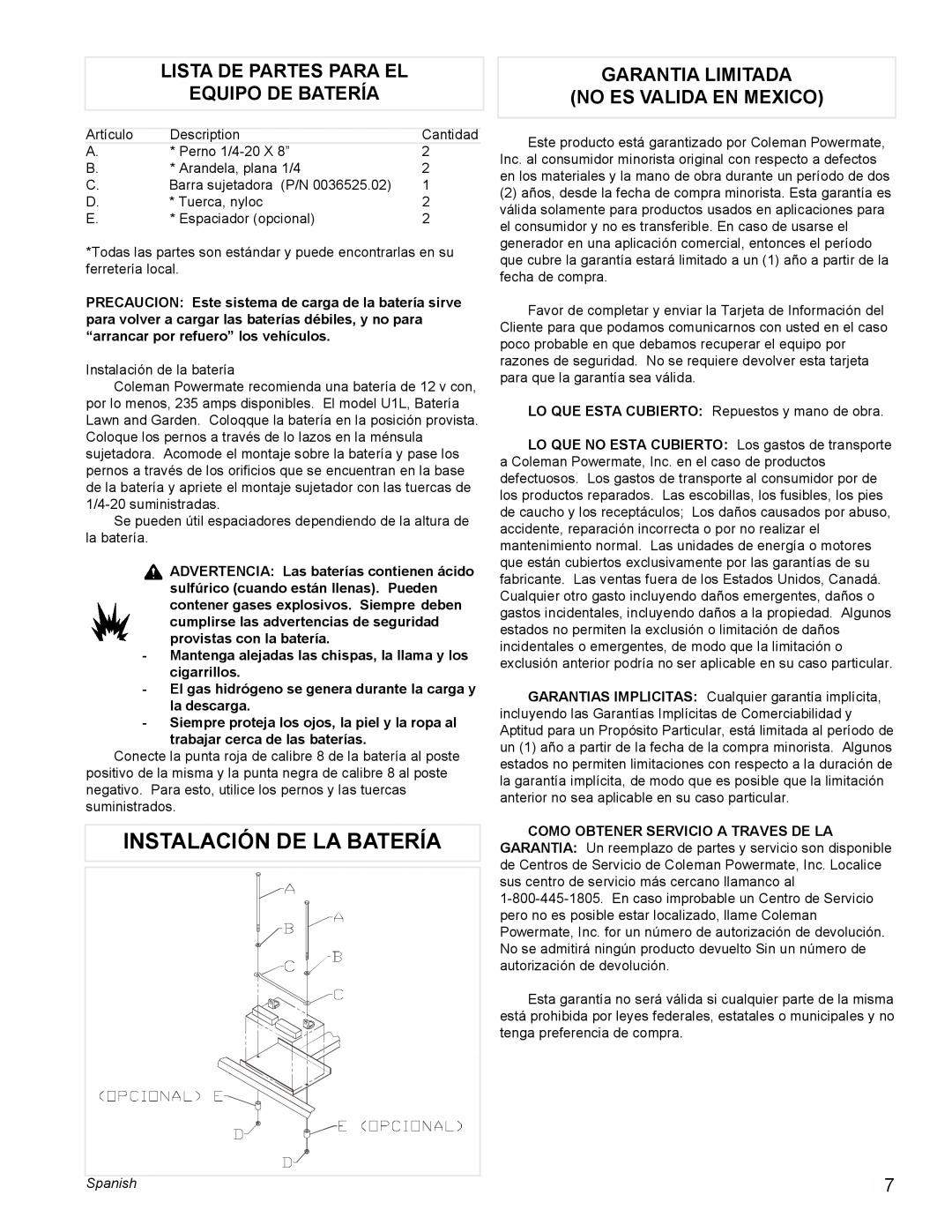 Powermate PMA505622 manual Instalación De La Batería, Lista De Partes Para El Equipo De Batería, Spanish 
