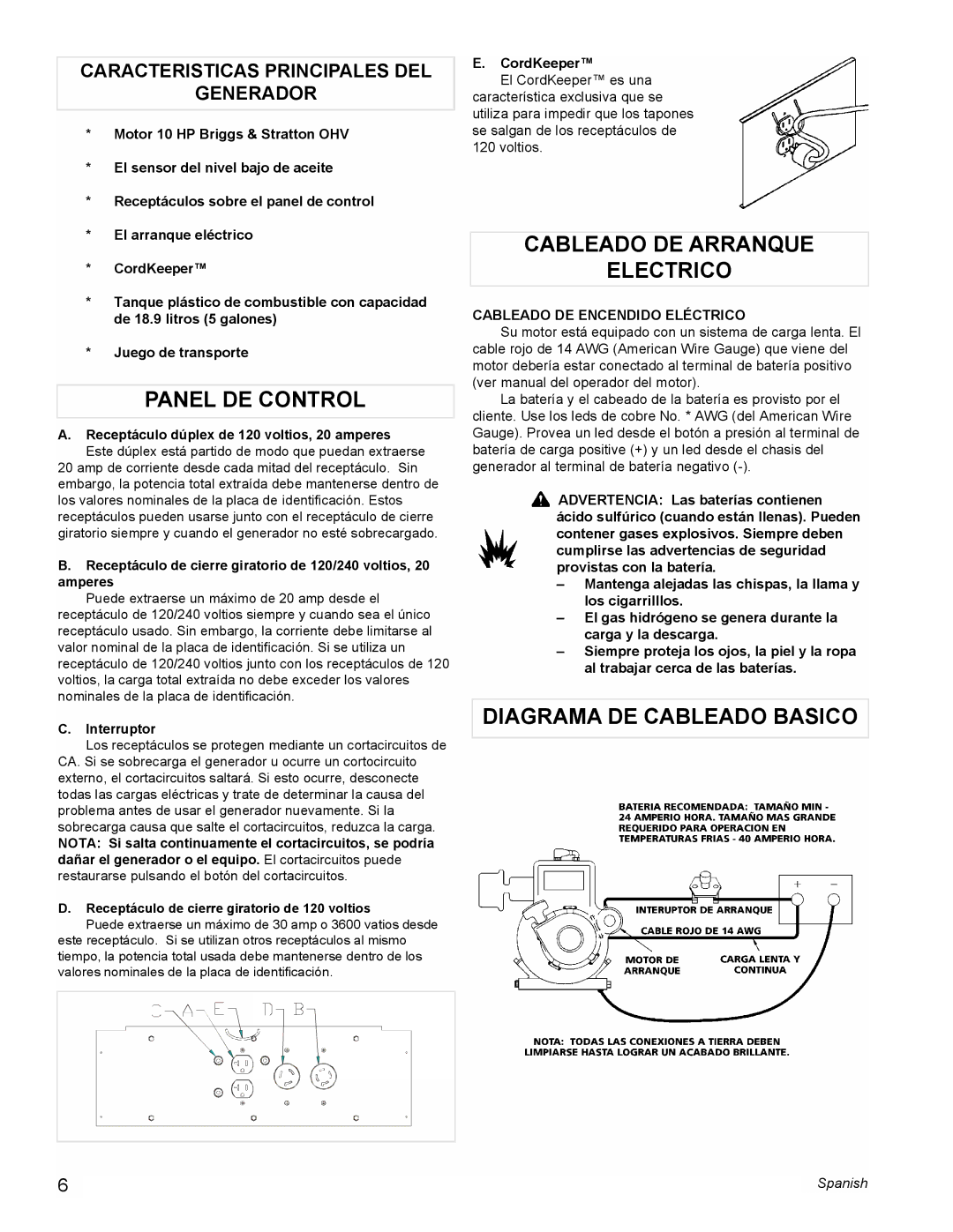 Powermate PMA505622 manual Panel DE Control, Cableado DE Arranque Electrico, Diagrama DE Cableado Basico, Interruptor 