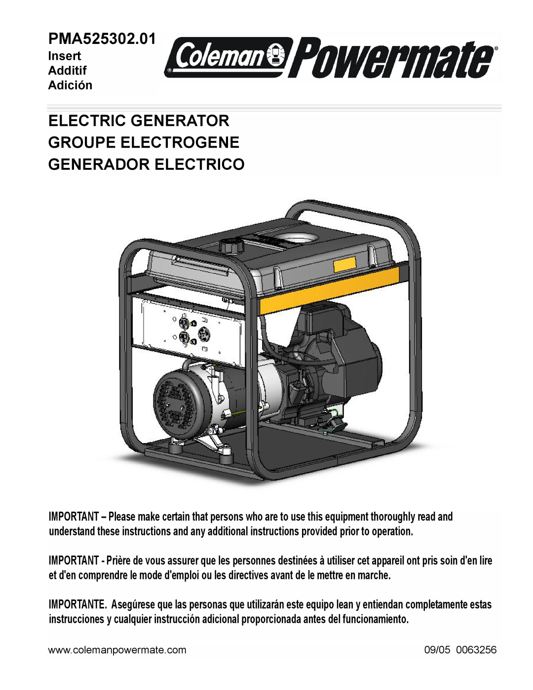 Powermate PMA525302.01 manual Electric Generator Groupe Electrogene, Generador Electrico, Insert Additif Adición, 09/05 