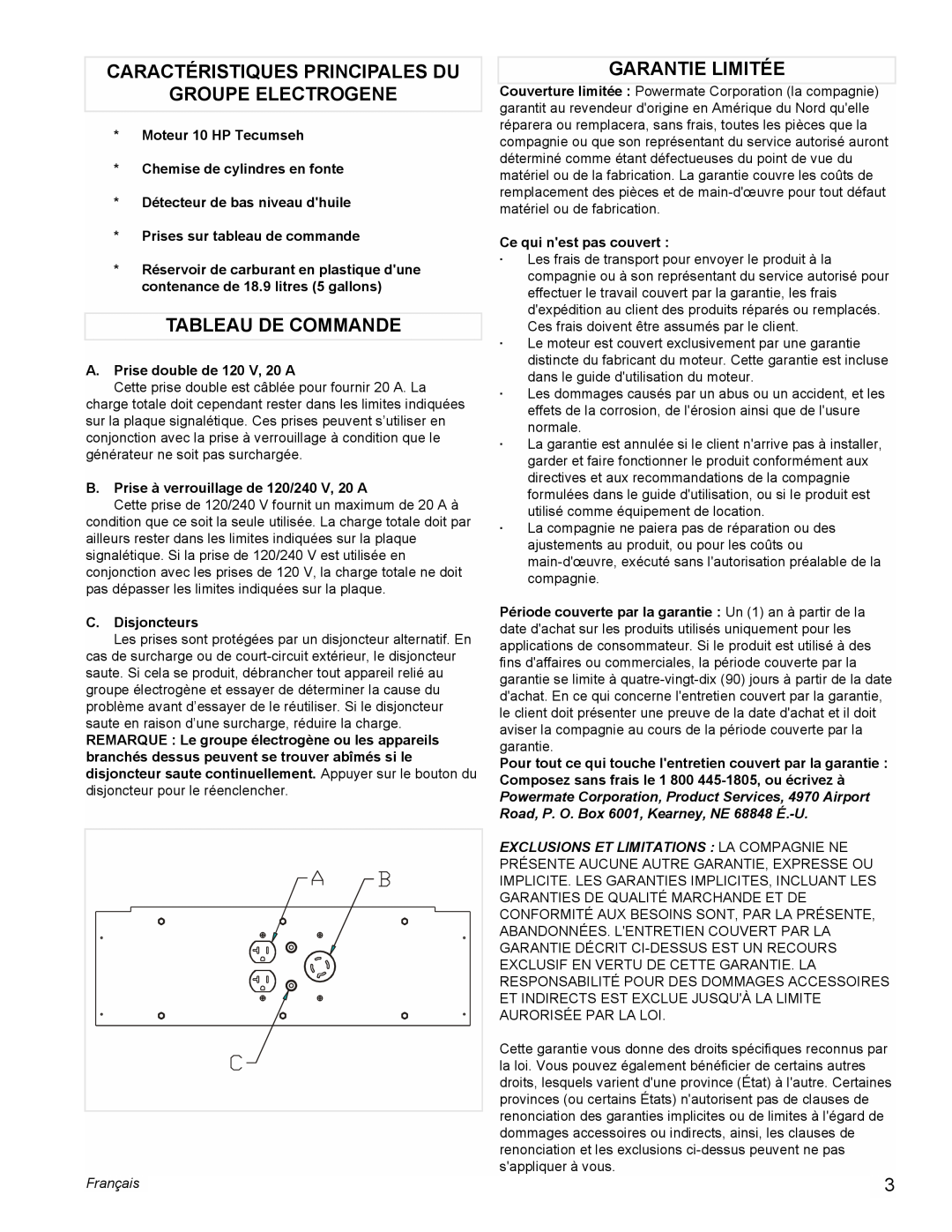 Powermate PMA525302.01 manual Caractéristiques Principales Du, Groupe Electrogene, Tableau De Commande, Garantie Limitée 