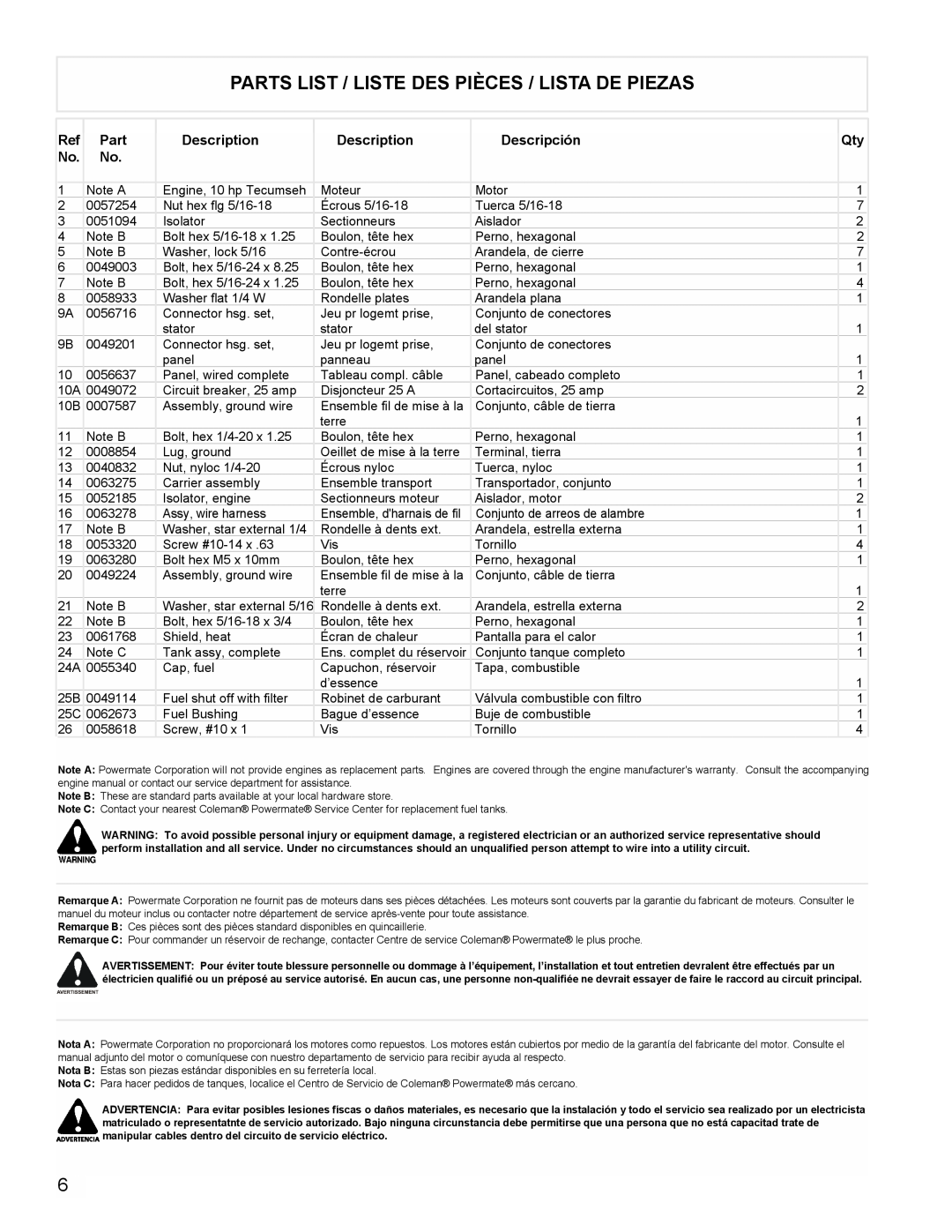 Powermate PMA525302.01 manual Parts List / Liste Des Pièces / Lista De Piezas, Description, Descripción 