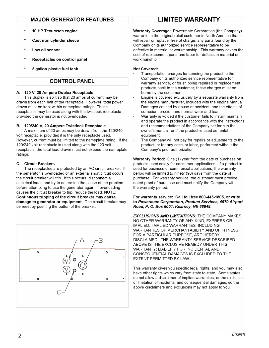 Powermate PMA525302.01 manual Limited Warranty, Major Generator Features, Control Panel 