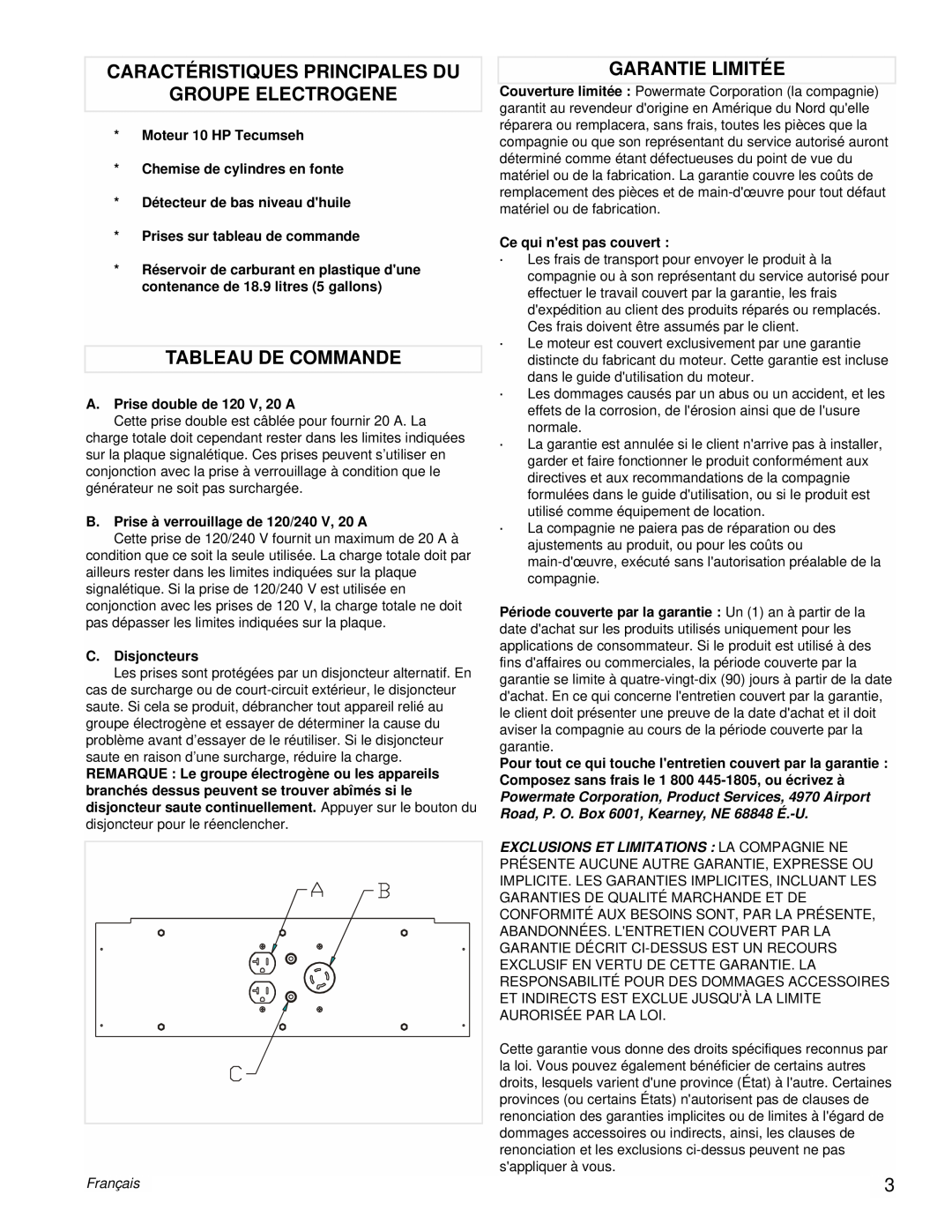 Powermate PMA525302.03 manual Caractéristiques Principales Du, Groupe Electrogene, Tableau De Commande, Garantie Limitée 