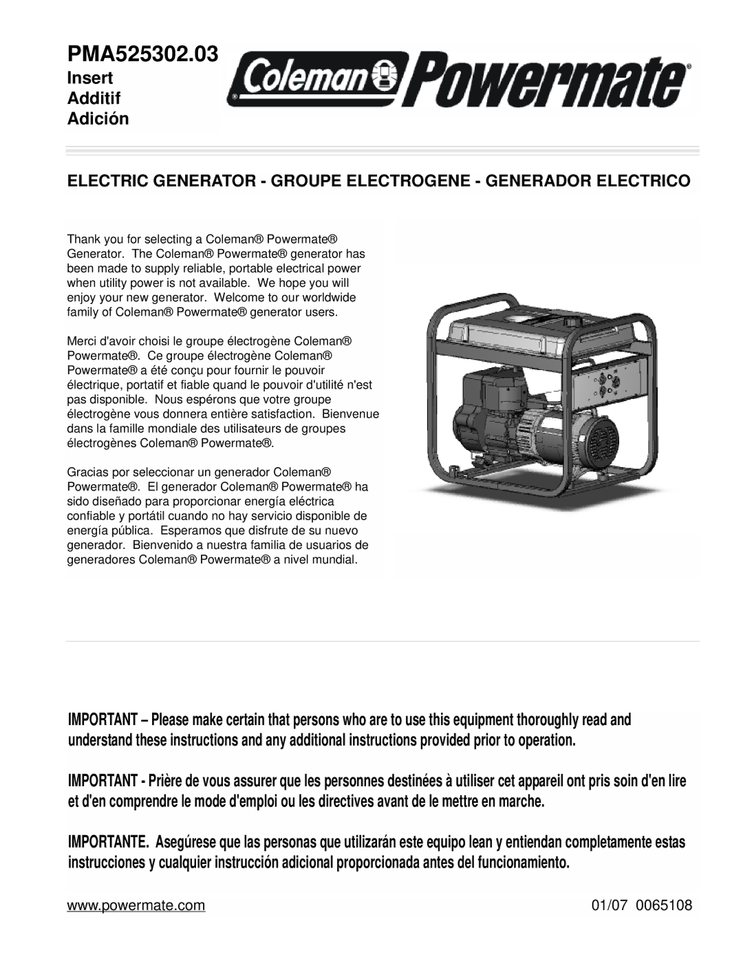 Powermate PMA525302.03 manual Insert Additif Adición 