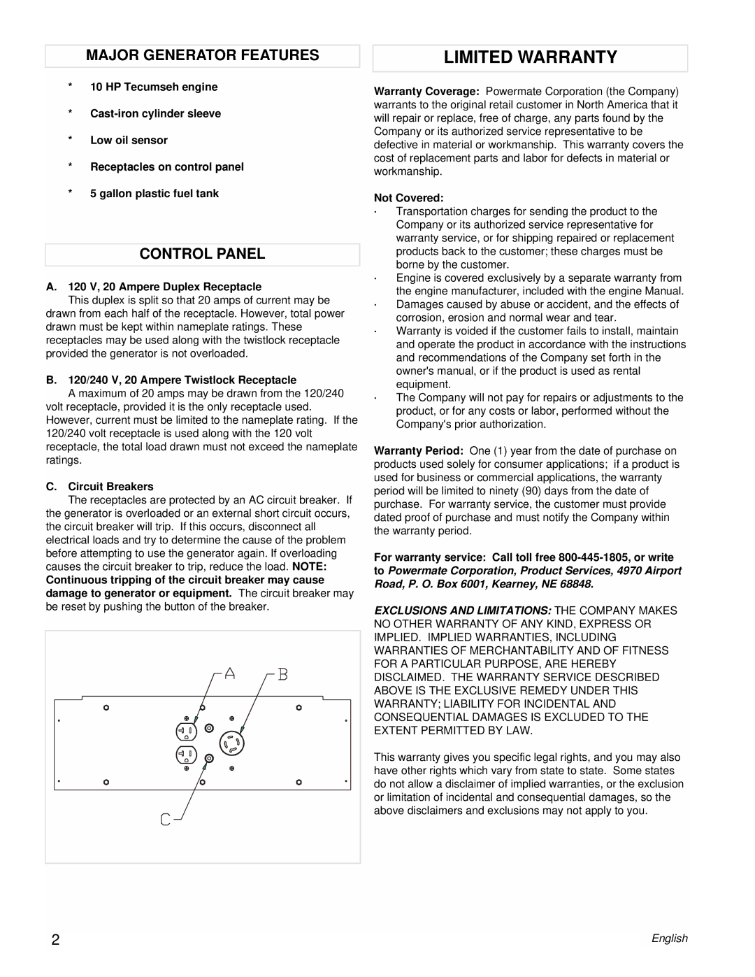 Powermate PMA525302.03 manual Limited Warranty, Major Generator Features, Control Panel 