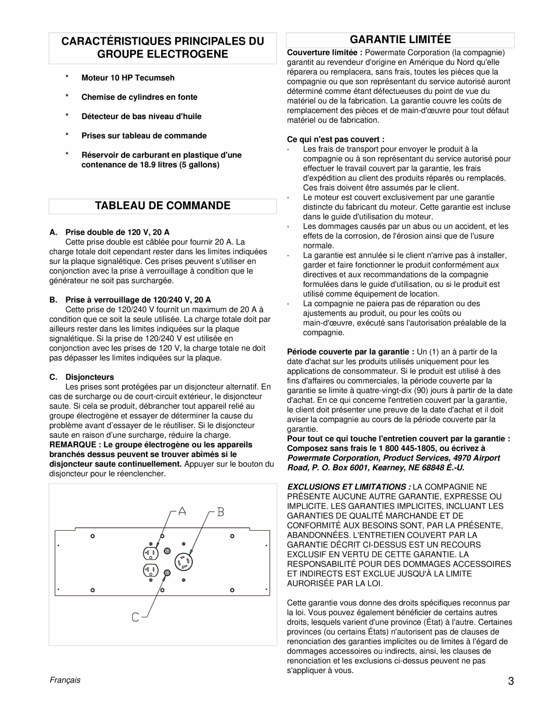 Powermate PMA525302.03 manual Caractéristiques Principales DU Groupe Electrogene, Tableau DE Commande, Garantie Limitée 