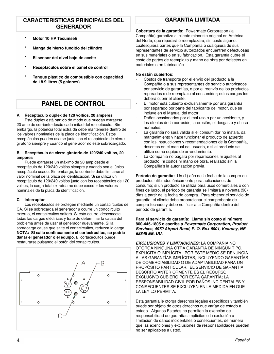 Powermate PMA525302.03 manual Panel DE Control, Caracteristicas Principales DEL Generador, Garantia Limitada, Interruptor 