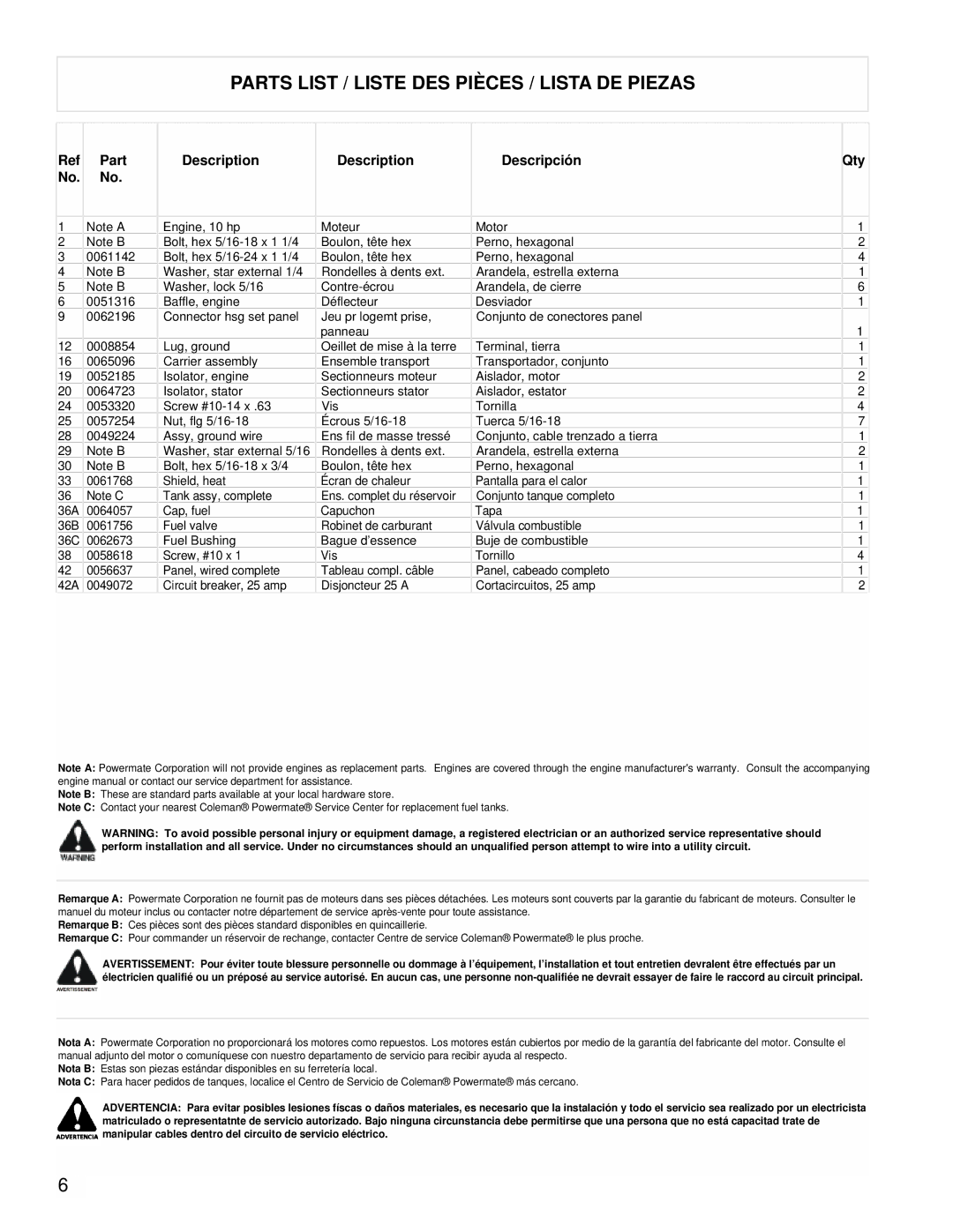 Powermate PMA525302.03 manual Parts List / Liste DES Pièces / Lista DE Piezas, Part Description Descripción, Qty 