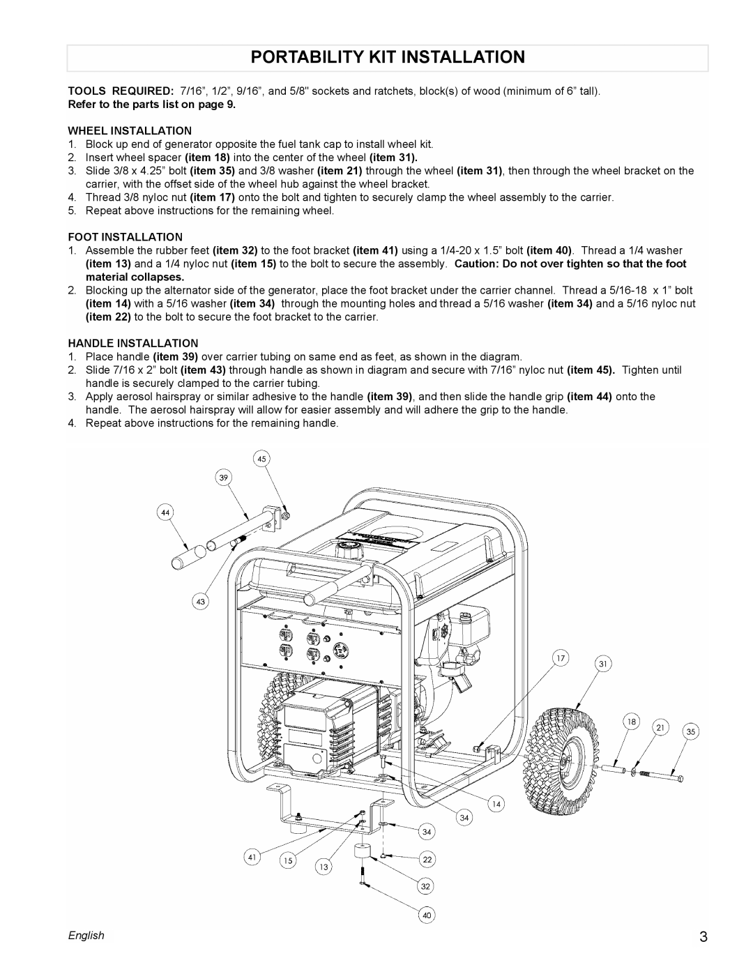 Powermate PMA525500 Portability Kit Installation, Refer to the parts list on page, Wheel Installation, Foot Installation 