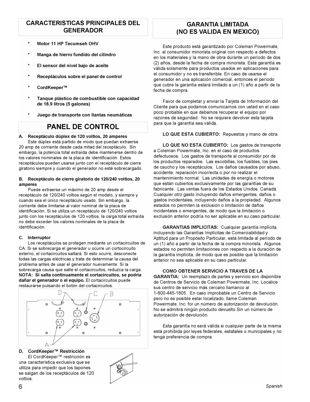 Powermate PMA525500 Panel De Control, Caracteristicas Principales Del Generador, Garantia Limitada No Es Valida En Mexico 
