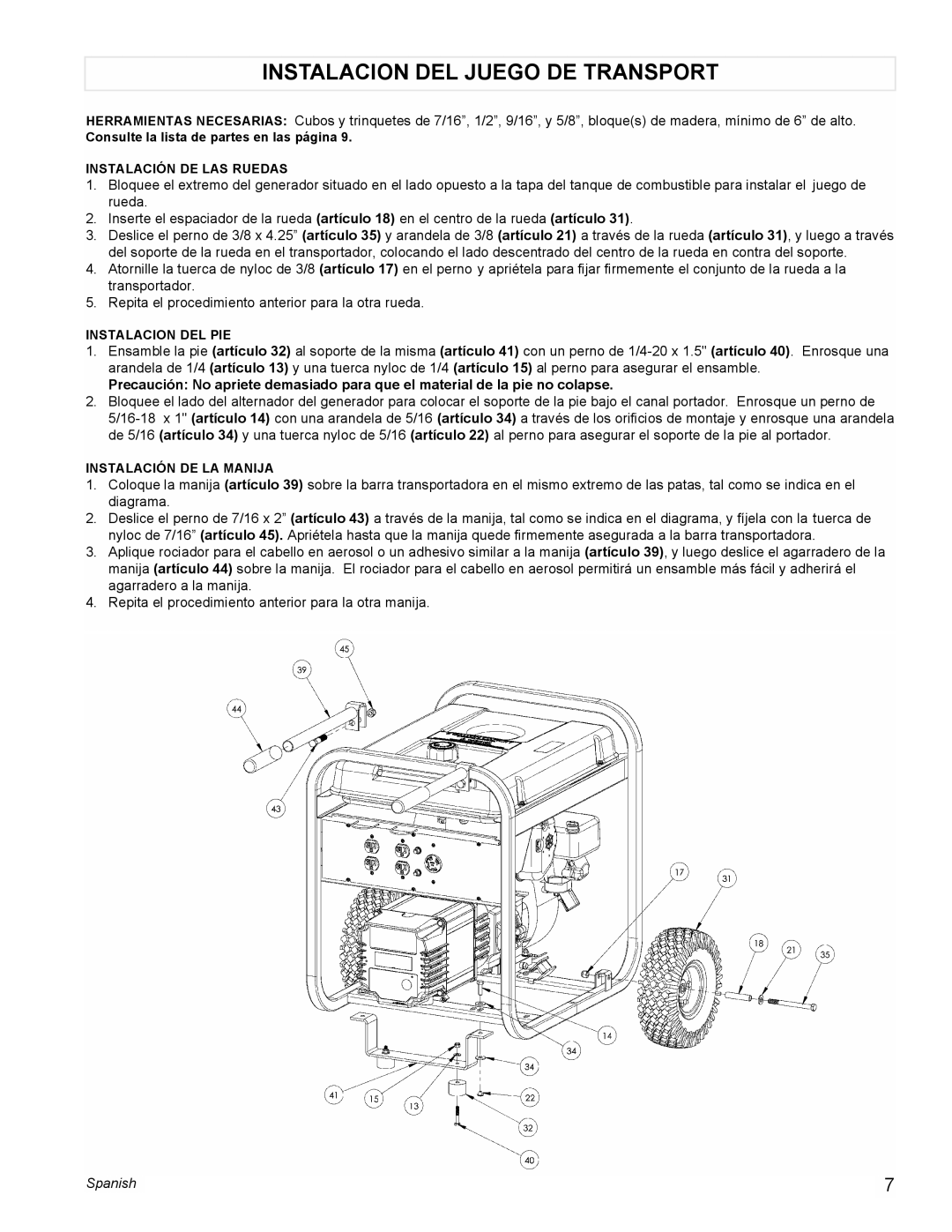 Powermate PMA525500 manual Instalacion Del Juego De Transport, Spanish 