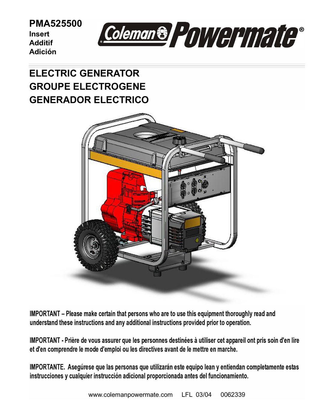 Powermate PMA525500 manual Electric Generator Groupe Electrogene Generador Electrico 