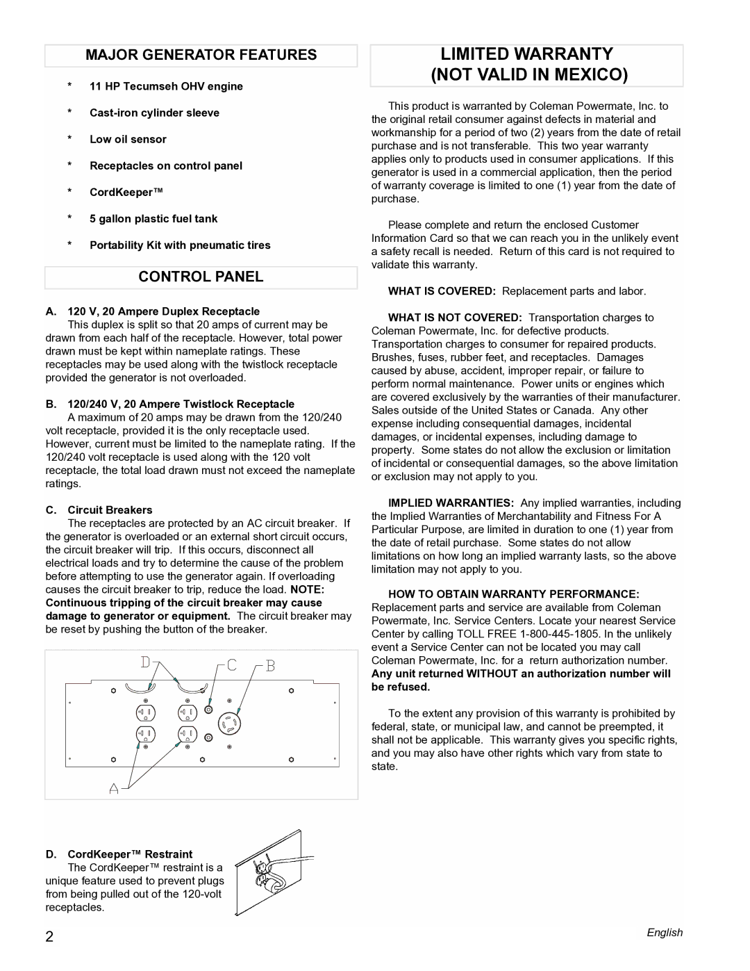 Powermate PMA525500 manual Major Generator Features, Control Panel, 120 V, 20 Ampere Duplex Receptacle, Circuit Breakers 