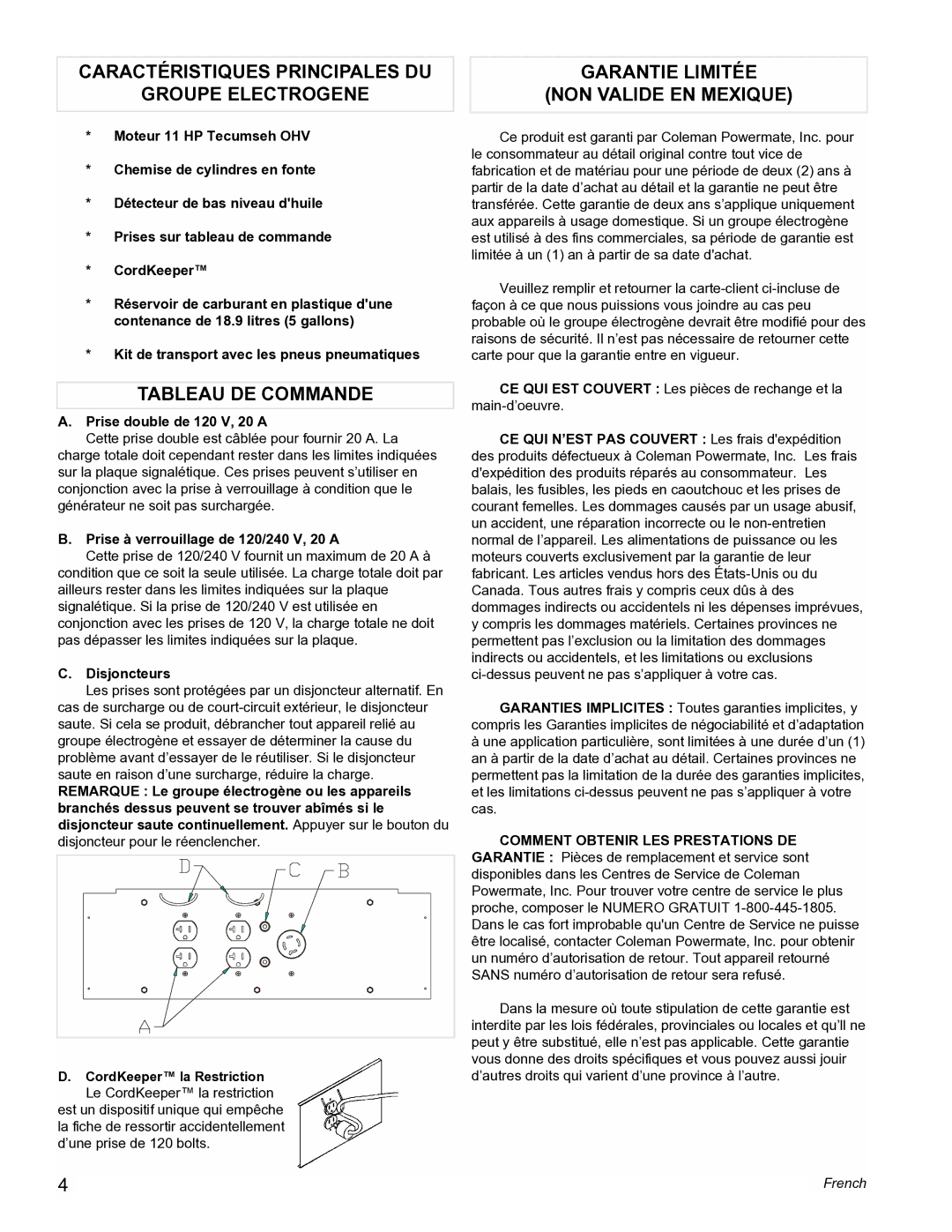 Powermate PMA525500 manual Caractéristiques Principales DU Groupe Electrogene, Tableau DE Commande 