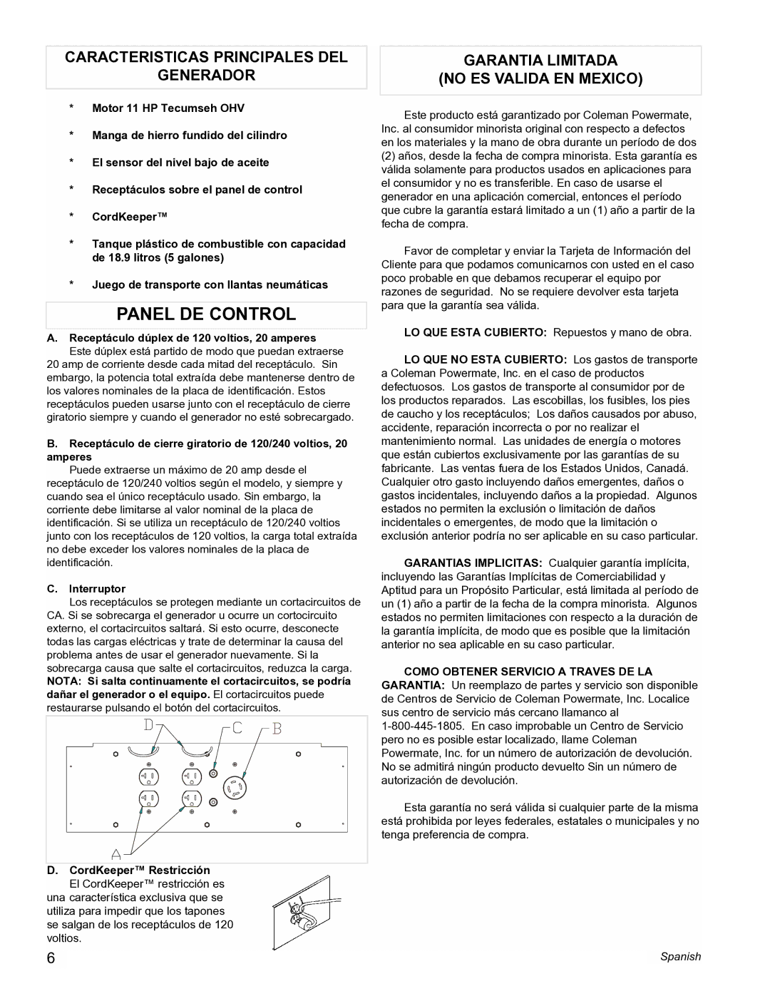 Powermate PMA525500 Panel DE Control, Caracteristicas Principales DEL Generador, Garantia Limitada No ES Valida EN Mexico 