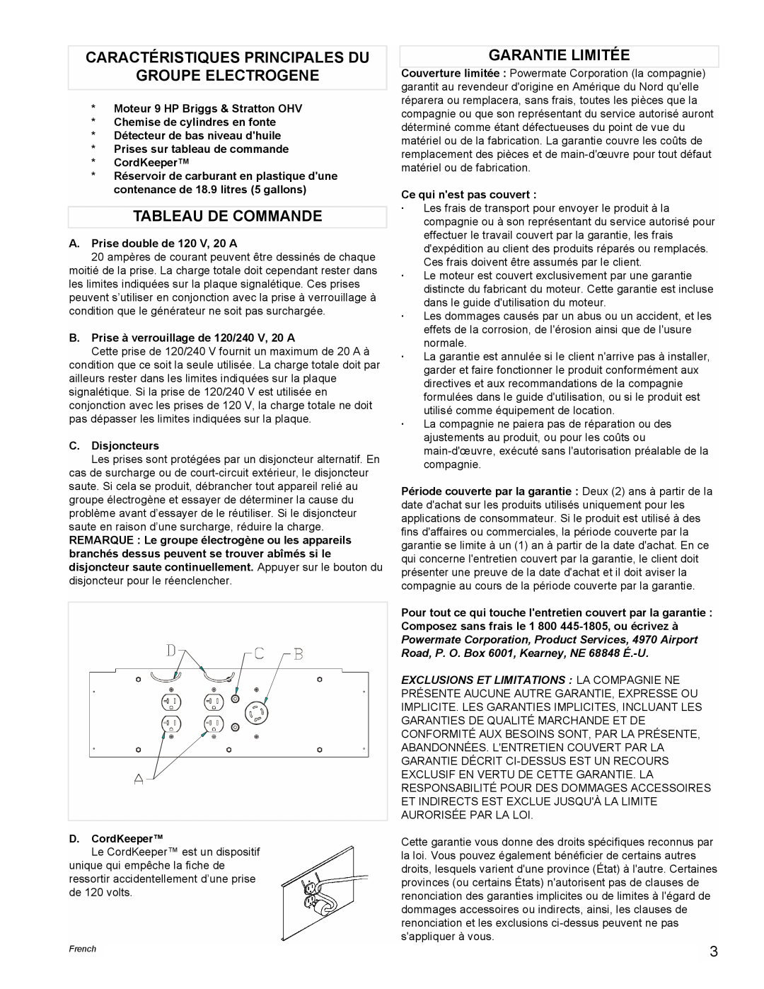 Powermate PMA535202 manual Caractéristiques Principales Du, Groupe Electrogene, Tableau De Commande, Garantie Limitée 