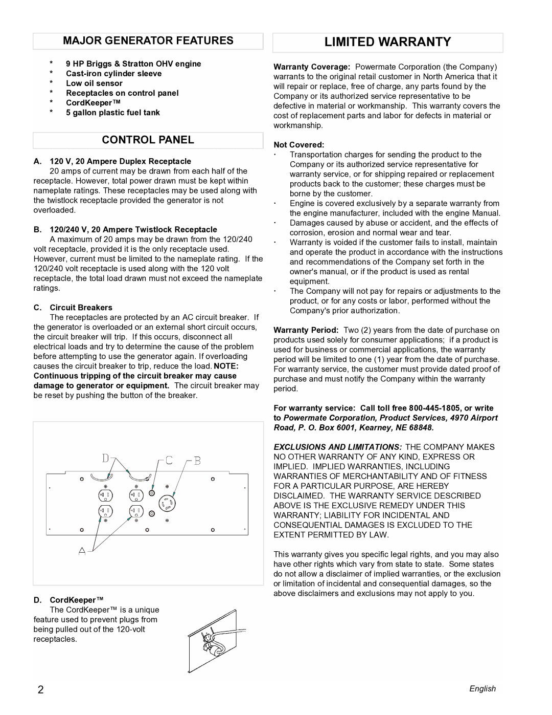 Powermate PMA535202 manual Limited Warranty, Major Generator Features, Control Panel 